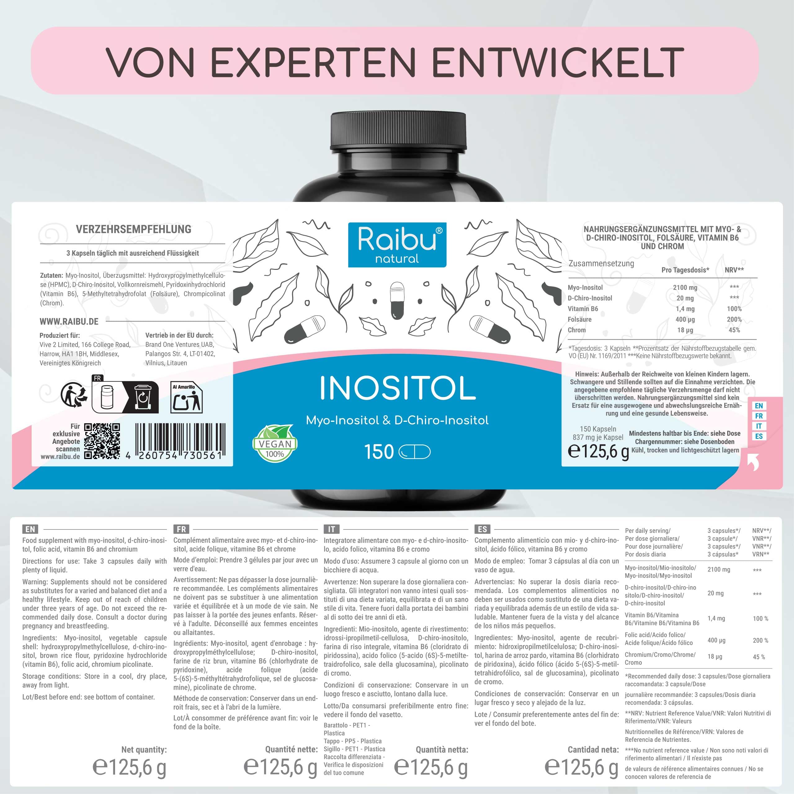 Inositol Kapseln, 2120mg Myo Inositol & D-Chiro pro Tag - Mit Vitamin B6, Folsäure & Chrom - Vegan, Ohne Zusätze & Laborgeprüft - 150 hochdosierte Kapseln, Raibu