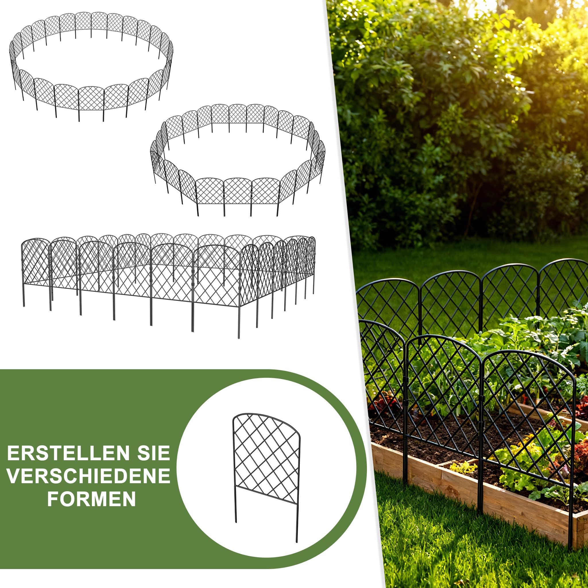 ACXIN 25er Steckzaun aus Metall, Dekorativer Gartenzaun 8m mit Erdnägel Kunststoff-Verbinden, Zaun für Hunde Weidezaun oder Tierbarriere, Teichzaun Beetzaun für Garten und Blumenbeet(Typ A)