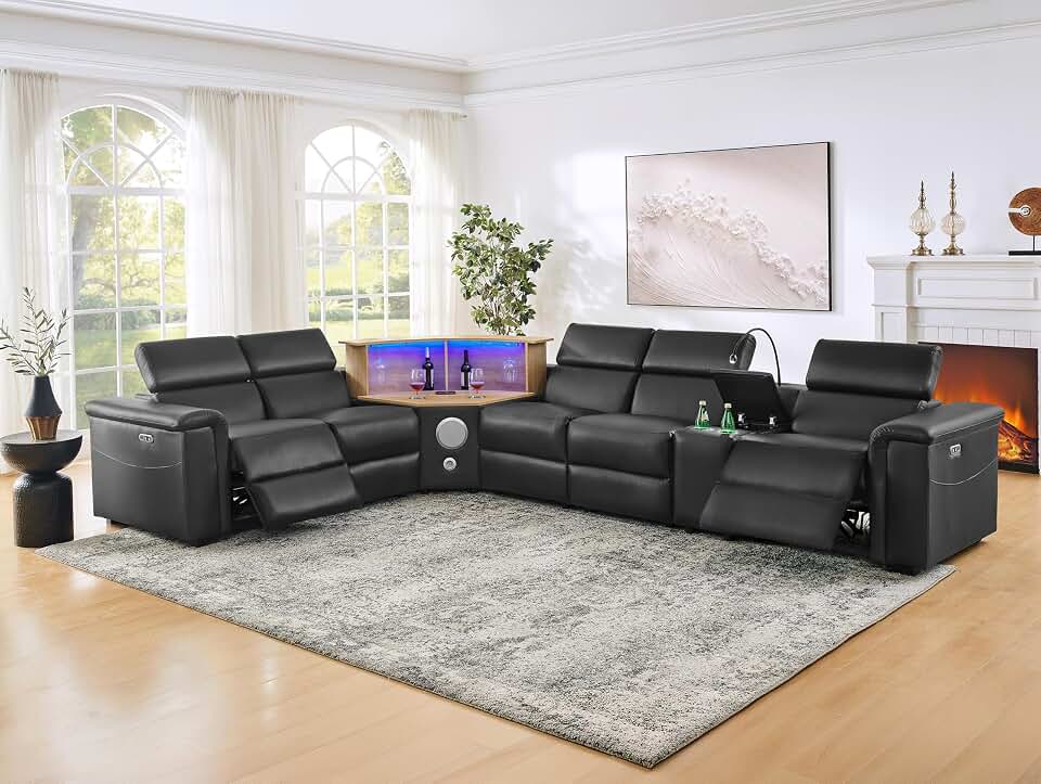 Power Reclining Sectional Sofa 5 Seater，L-Shaped Leather Electric Recliner Couches for Living Room with Motorized Lift Cabinet & loudspeakers Ambient LED, Black