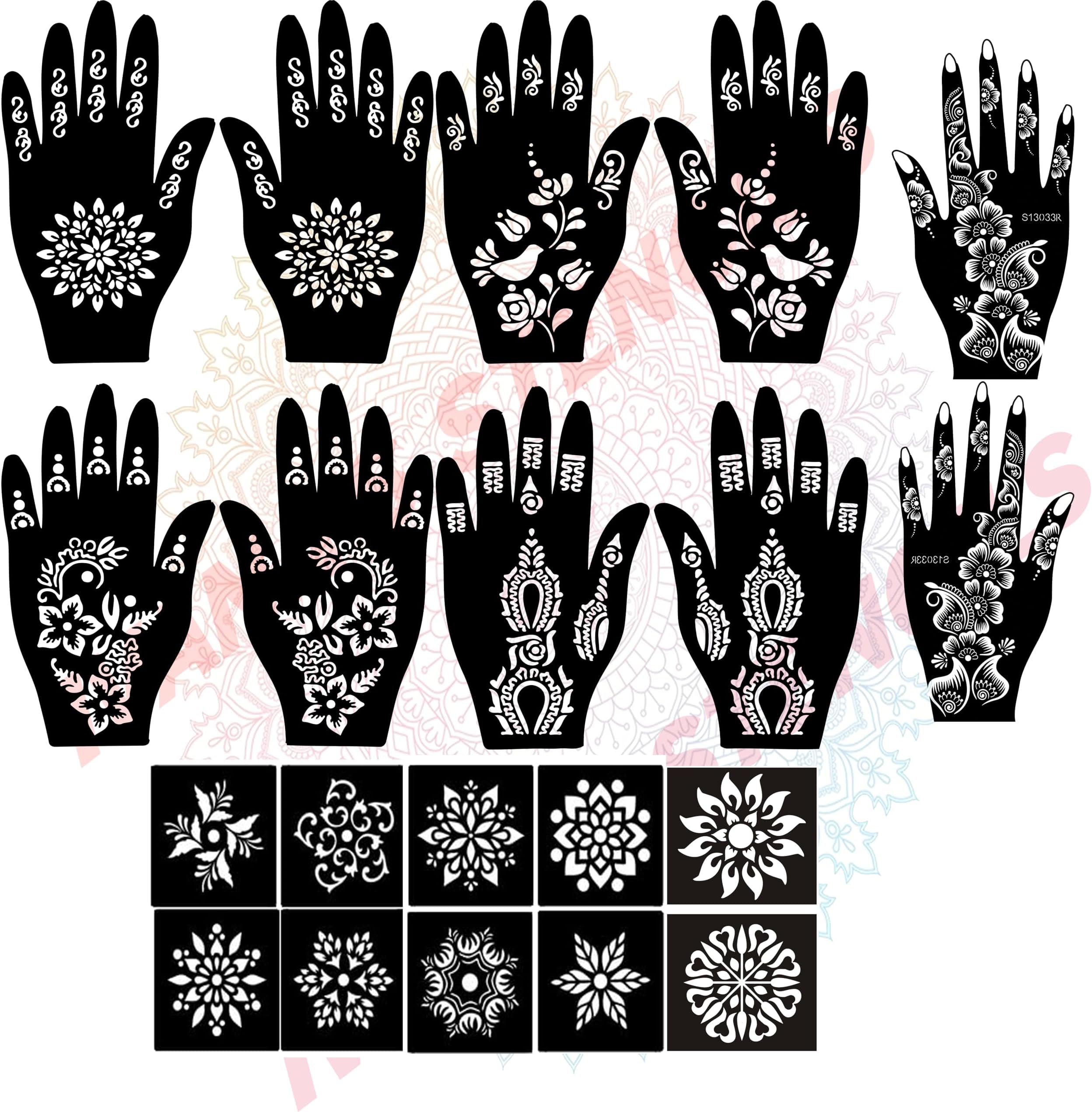 Ivana's Mehndi Tattoo Stencil Mehndi Design for Hands Set of 20 pc Combo Pack,10 Pcs Hand Design 10 pcs Round Stencils for Women, Girls and Kids, Easy to Use in Just 4 Simple Steps- CPT-2015