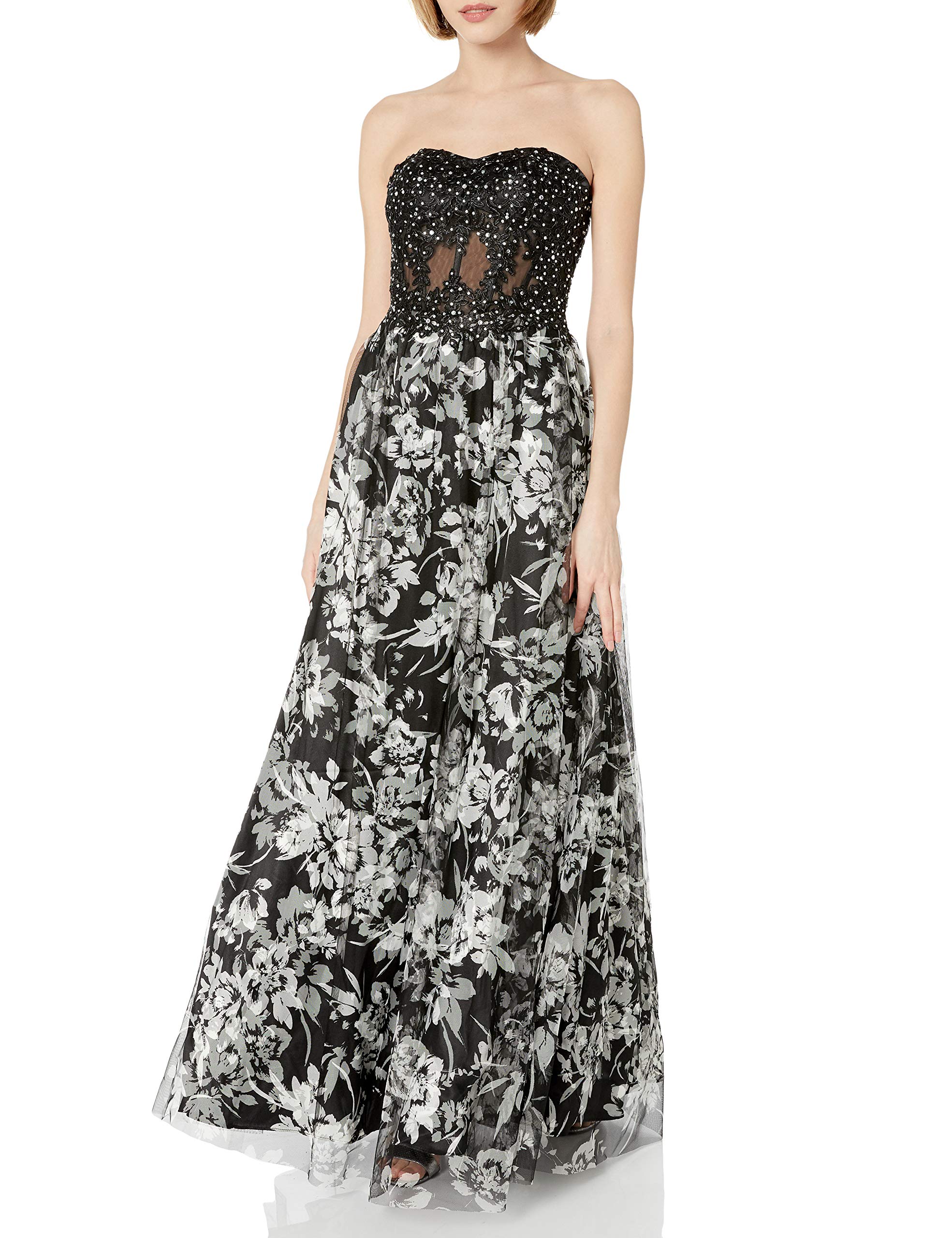 Blondie Nites Women's Long Strapless Bustier Printed Mesh Skirt Prom Dress