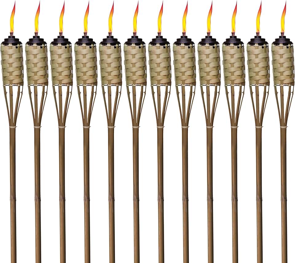 TIKI Brand 1118137 Easy Pour 12-Pack TIKI Torch Bamboo Classic Weave Brown, Decorative Torches for Outdoor Lawn, Patio and Garden, Weather Resistant, 57 in