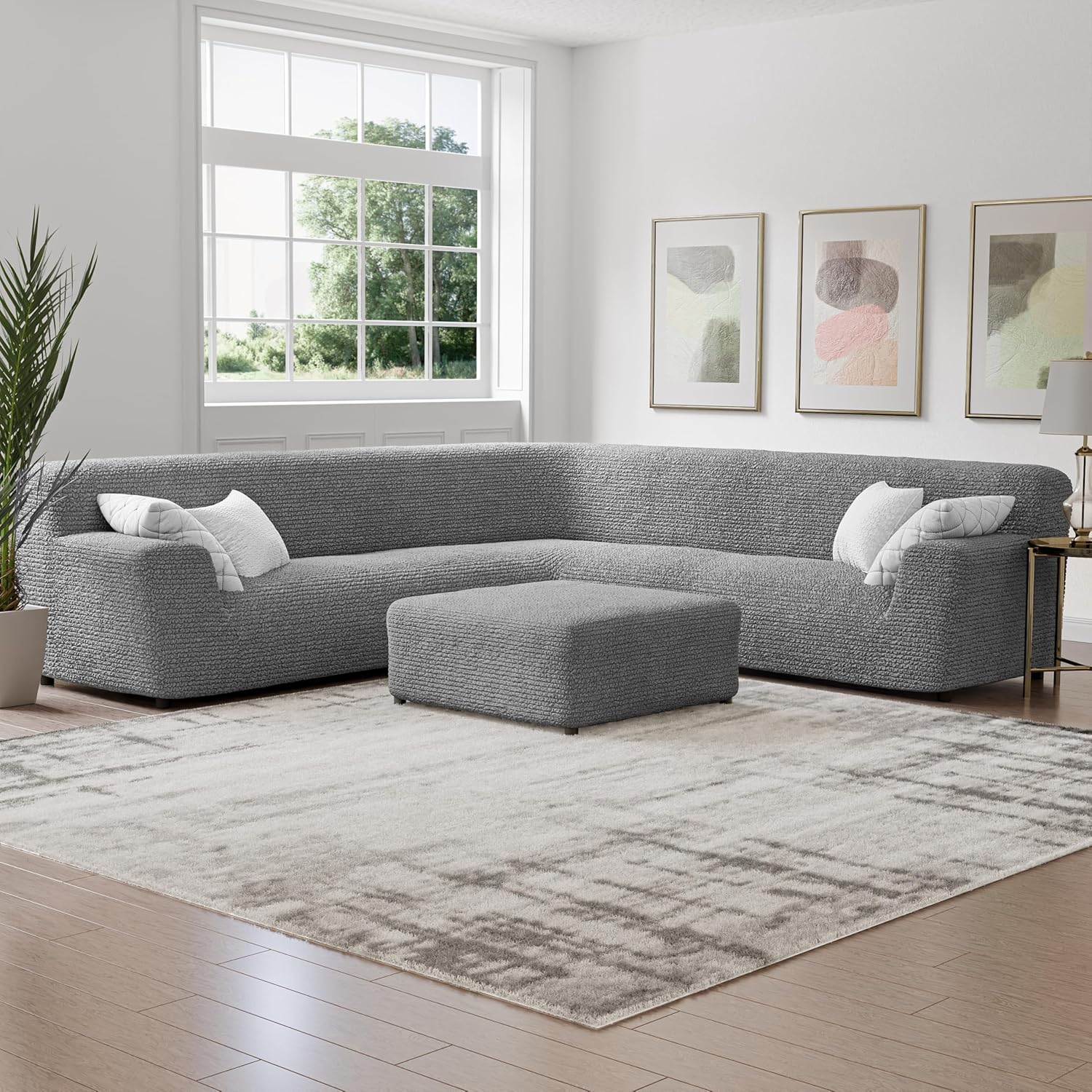 PAULATO BY GA.I.CO. Stretch Corner Sectional Couch Covers – Corner Sofa Cover – Elastic L Shape Sofa Slipcover - Sectional Slipсovers - Washable Furniture Protector - Ash (198”-240” Wide)