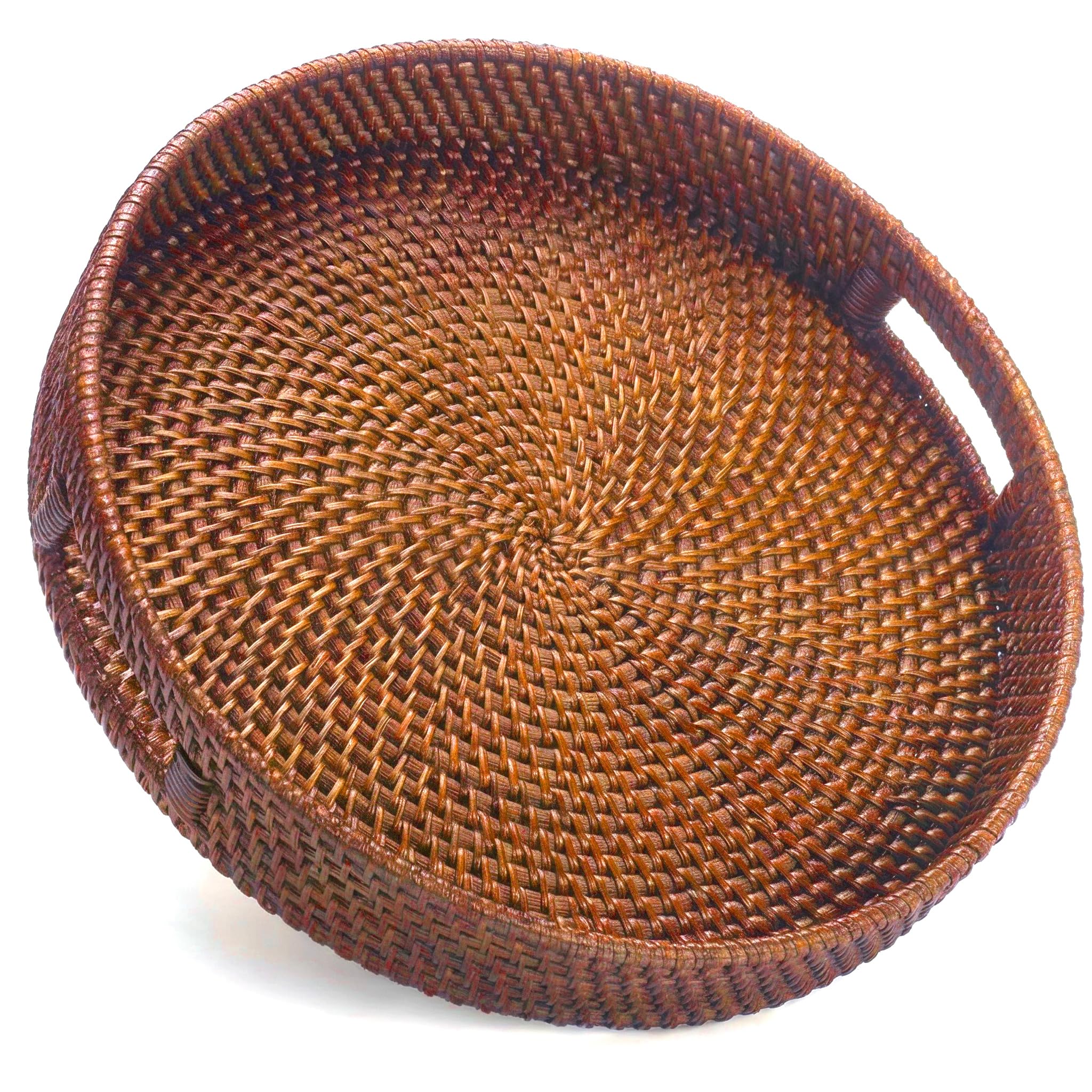 JUNGLE CULTURE® Handmade Round Wicker Tray 12” • Large Decorative Rattan Serving Basket for Coffee Table, Ottoman, Kitchen Counter • Boho Woven Home Decor Centerpiece • Circle Trays • Red Brown