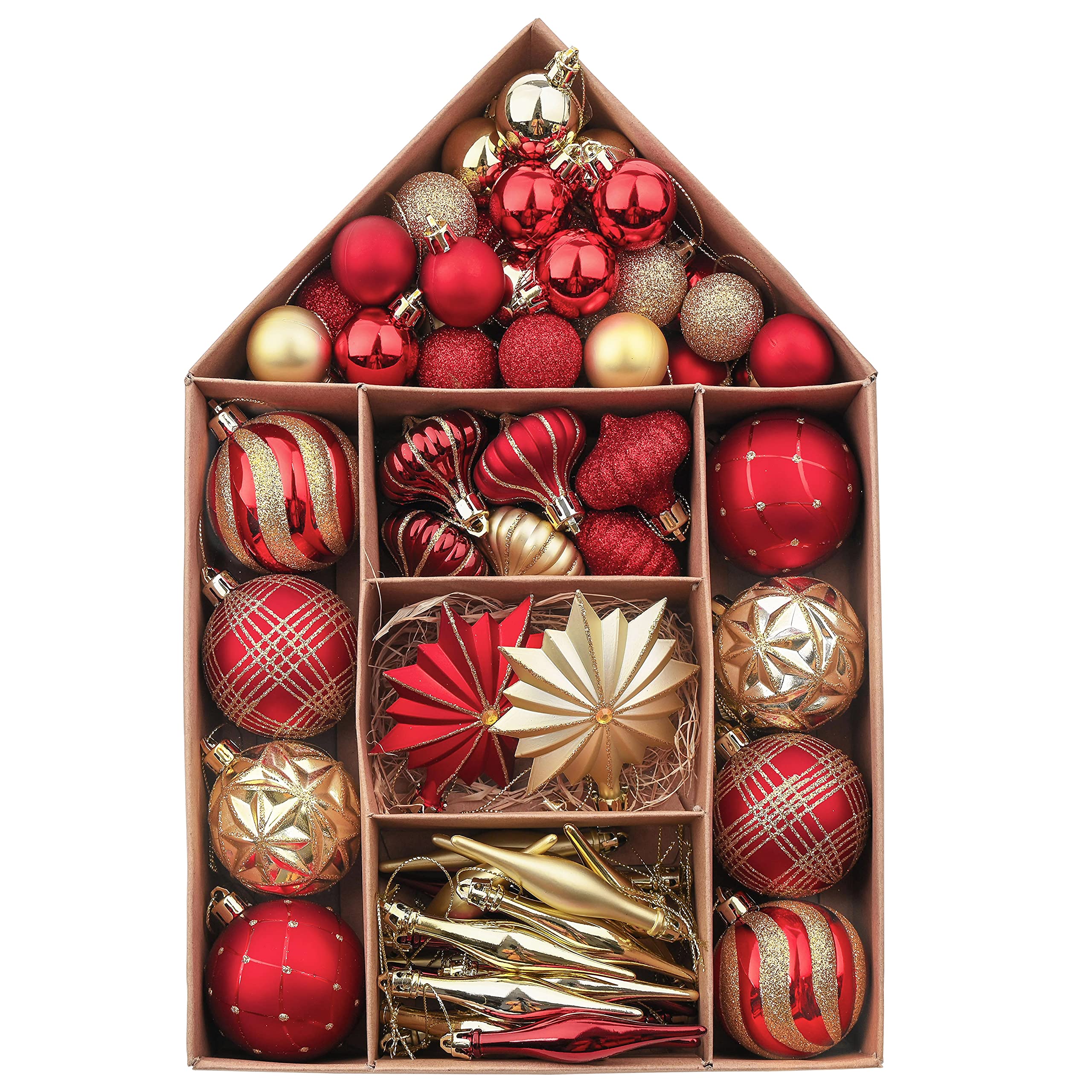 Valery Madelyn Bolas de Navidad Rojo y Dorado, Adornos de Bolas Plásticas Infrangibles con Embalaje de Papel Kraft, para la Decoración del Árbol de Navidad (Juego de 70)