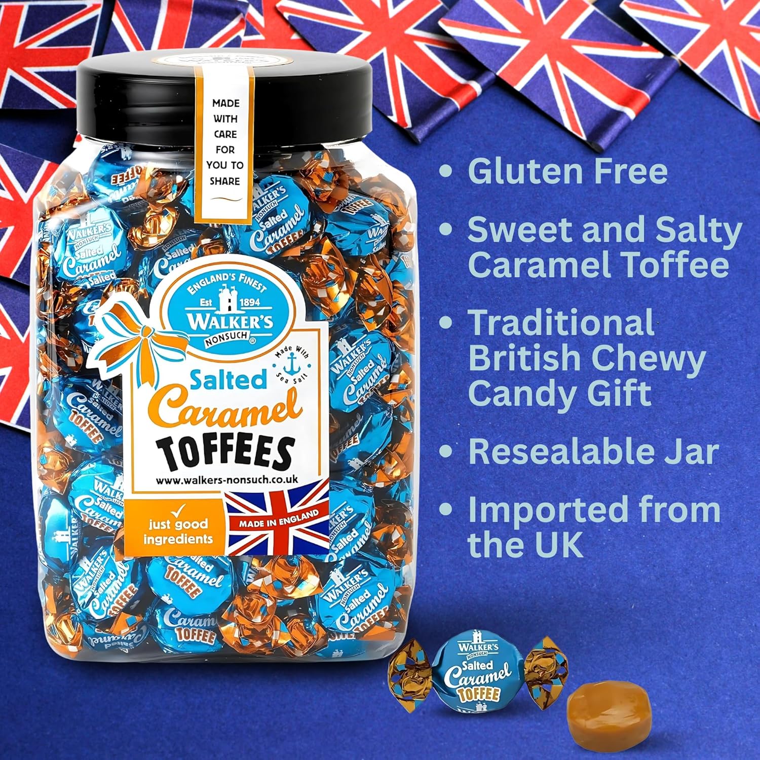 Walkers Nonsuch Salted Caramel Toffees Jar 44.09 Oz (Pack of 2) – Traditional British Candy – Sweet and Salty Caramel Toffee Individually Wrapped – Imported UK Gourmet Milk & Butter Candy Gift Pack