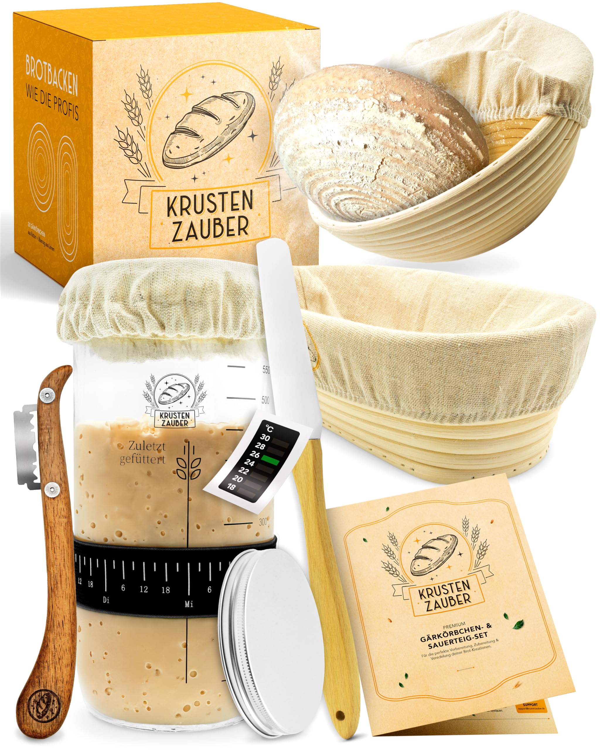 KRUSTENZAUBER 2er Set Gärkörbchen & 600ml Sauerteig Starter Set im Vorteilspack - Gärkörbe aus Rattan inkl. Gärtuch sowie Gärglas mit Spatel und Bäckermesser, Brot Backen Zubehör, Sauerteig-Glas