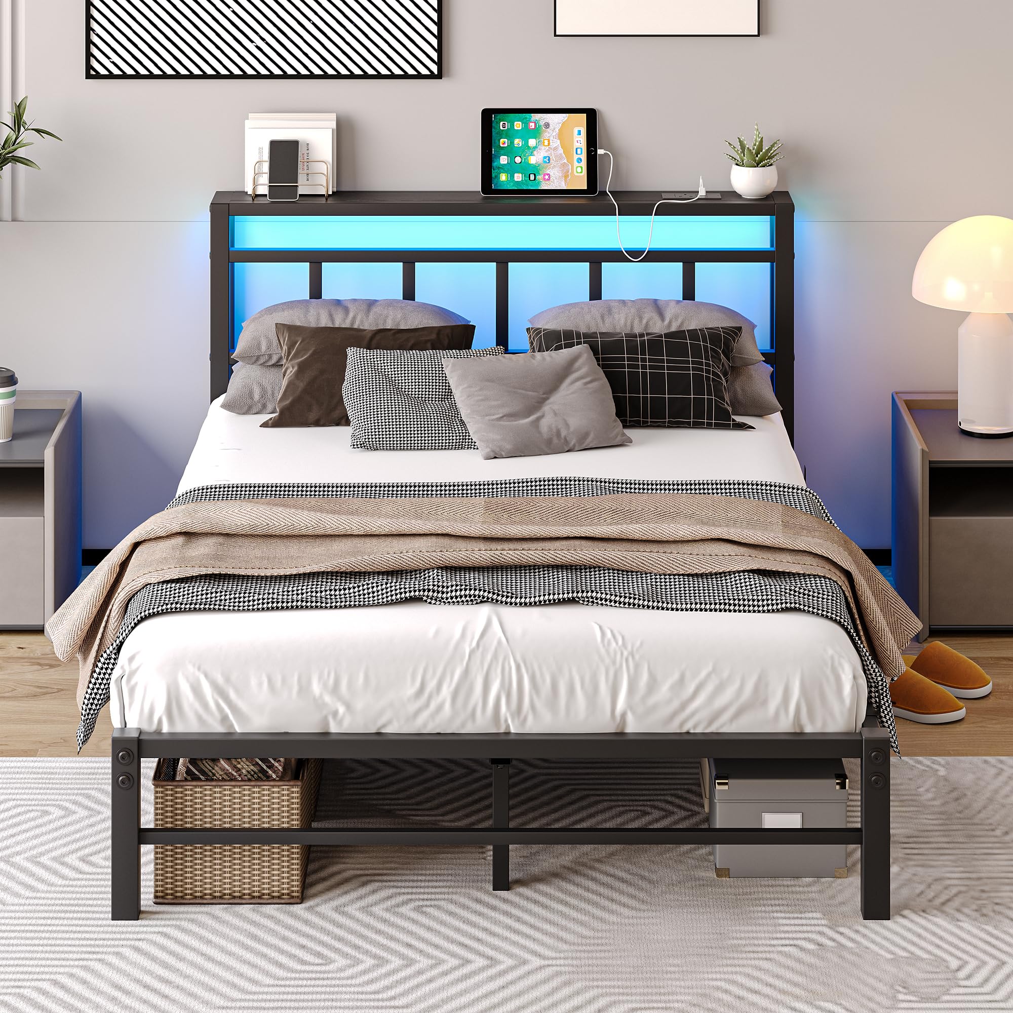 VECOCHO 4ft6 Double Bed Frame with Storage Headboard and Charging Station,Metal Bed Frame Double Bed with LED Lights,Strong Steel Slats Support,Underbed Storage,Noise Free,Black Bed 135x190cm — image 1