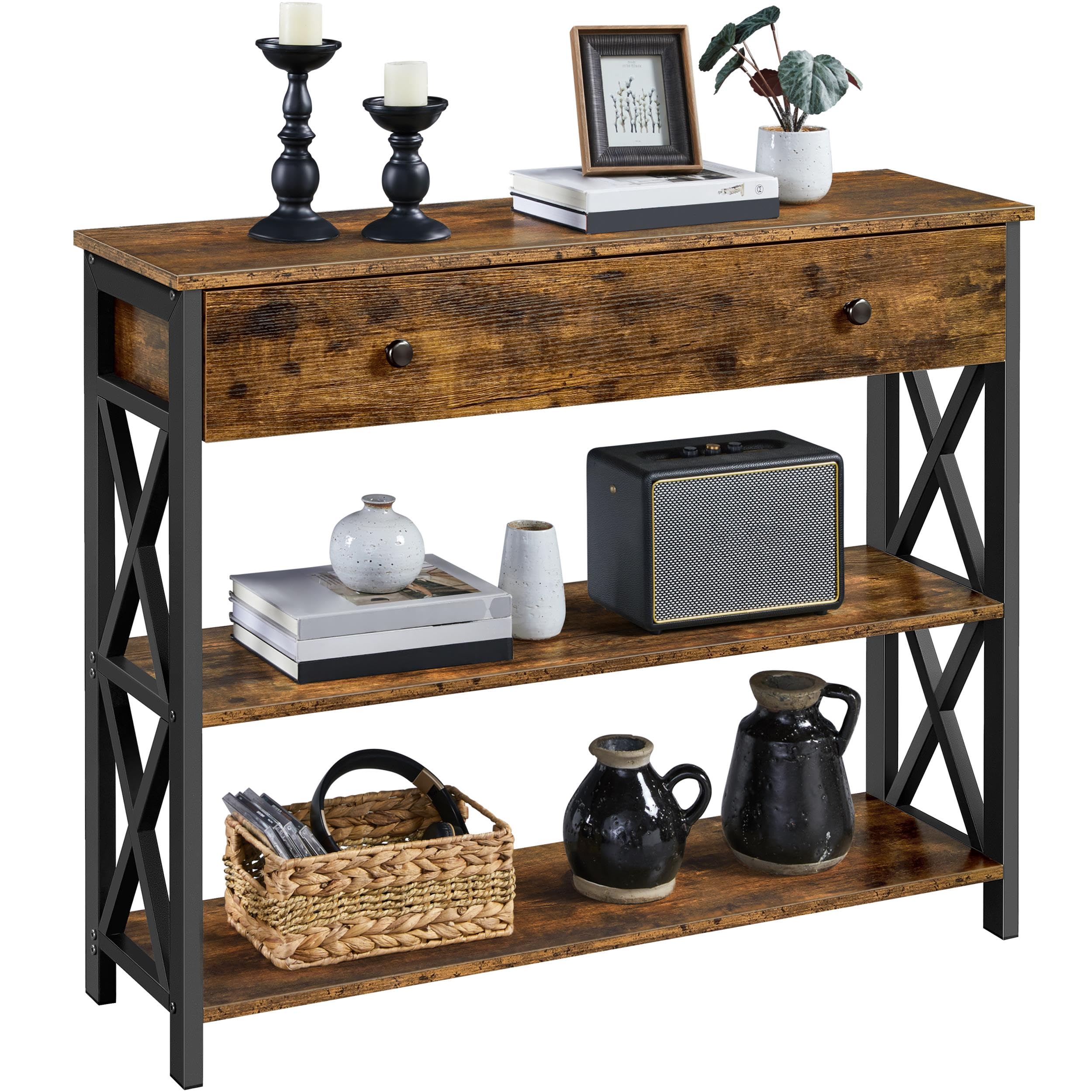 Yaheetech Console Table with Drawer, Entryway Table with 3 Tier Storage Shelves, Narrow Long Sofa Tables for Entryway, Living Room, Hallway, Couch, Kitchen, Metal Frame, Rustic Brown