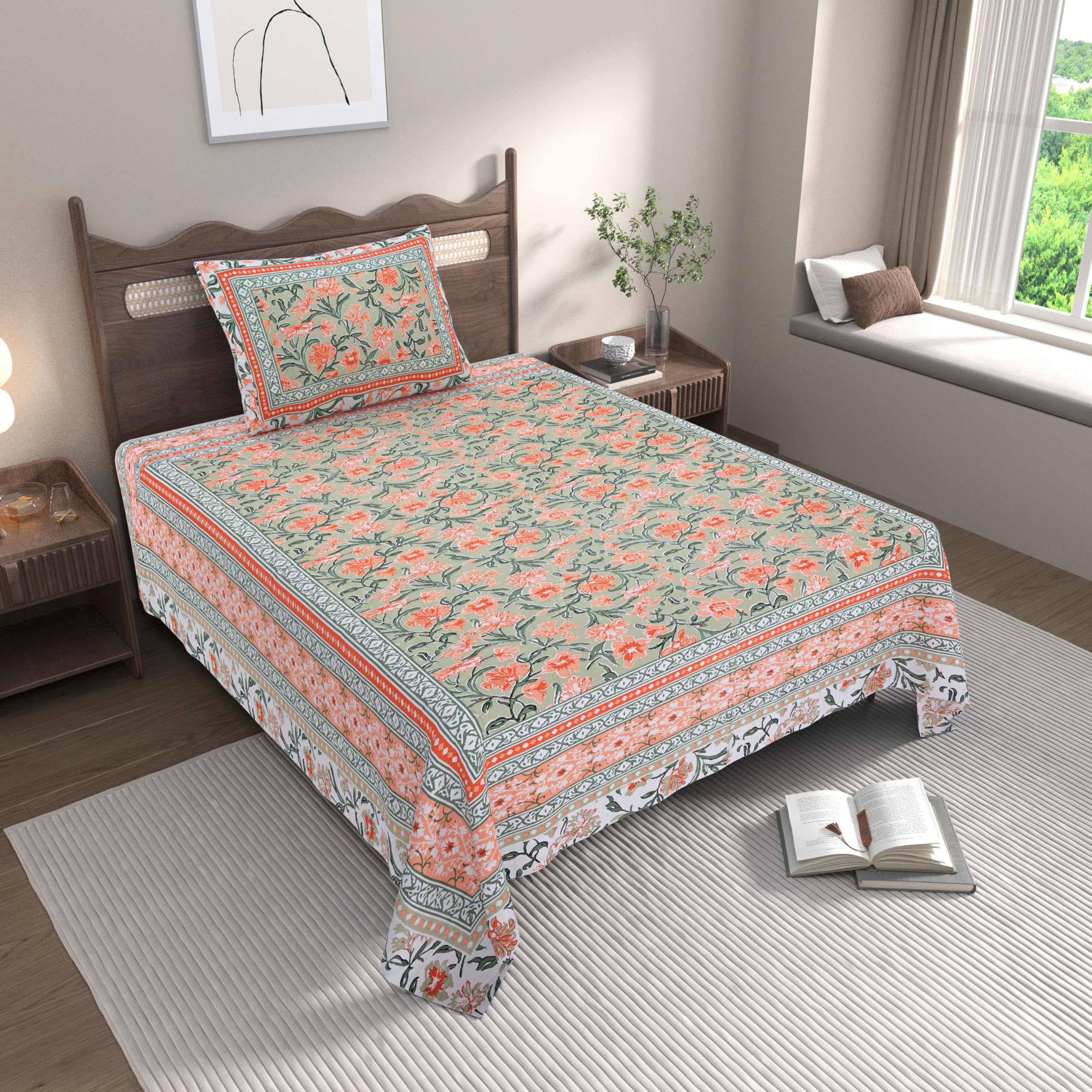 EasyGoods® 240 TC Cotton Bedsheet for Single Bed – Green|Ethnic23 Bedsheet Single Size Bed Cotton|Single Size Bedsheet|Single Bedsheet with 1 Pillow Cover 59x88 Inch| Handcrafted Bed Sheets-image-41