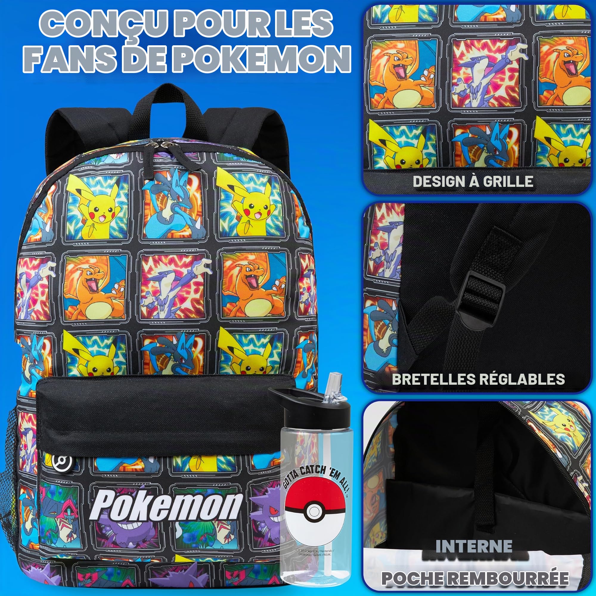 Get Trend Pokemon Card Sac a Dos Enfant Garcon avec Gourde, Grand Fermeture Eclair Cartable et sans BPA Gourde Sport 500ml, Cadeau Garcon (Multi Pokemon)