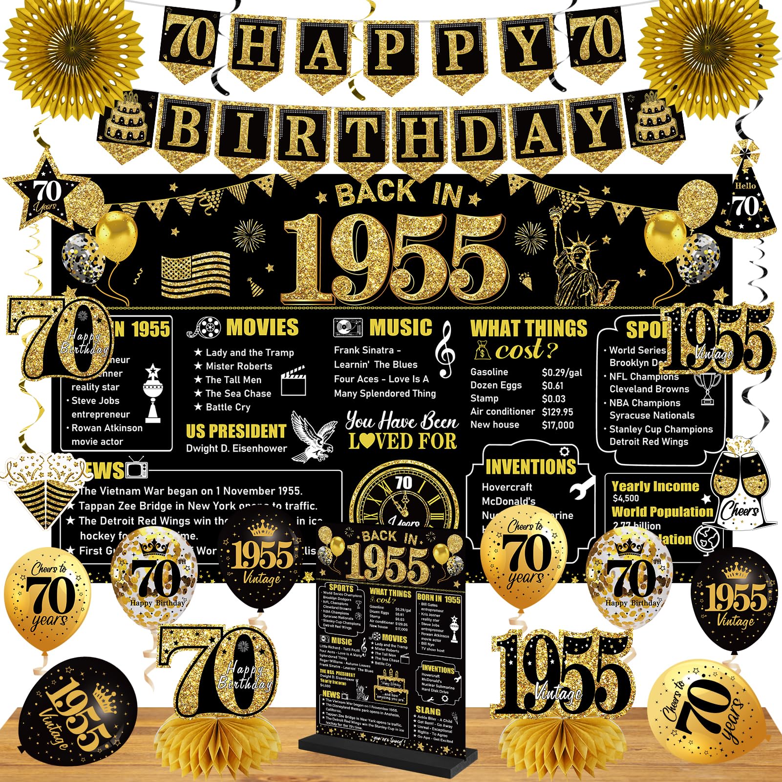 70th Birthday Decorations Kit for Men Women, Black Gold