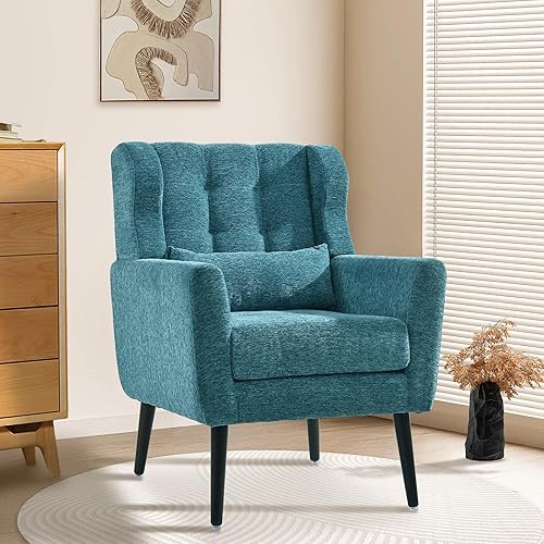 Miniatura 103 de Silla decorativa moderna, sillón tapizado con almohada, sofá individual de tela con asiento de salón y patas de madera, silla decorativa para sala