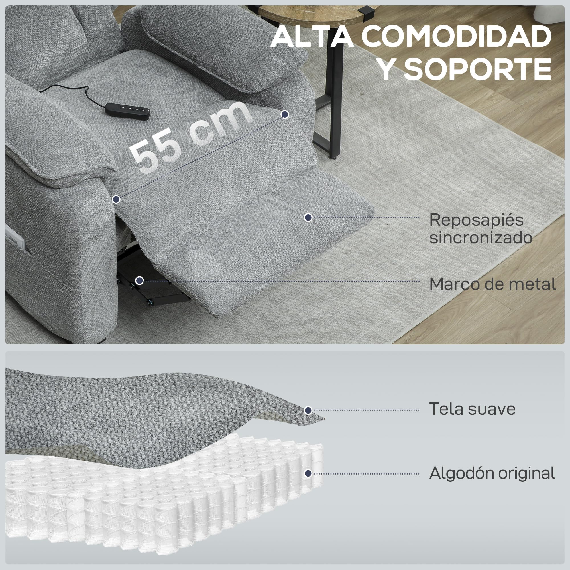 HOMCOM Sillón Relax Reclinable Eléctrico 2 Posiciones de Memoria Gris Claro