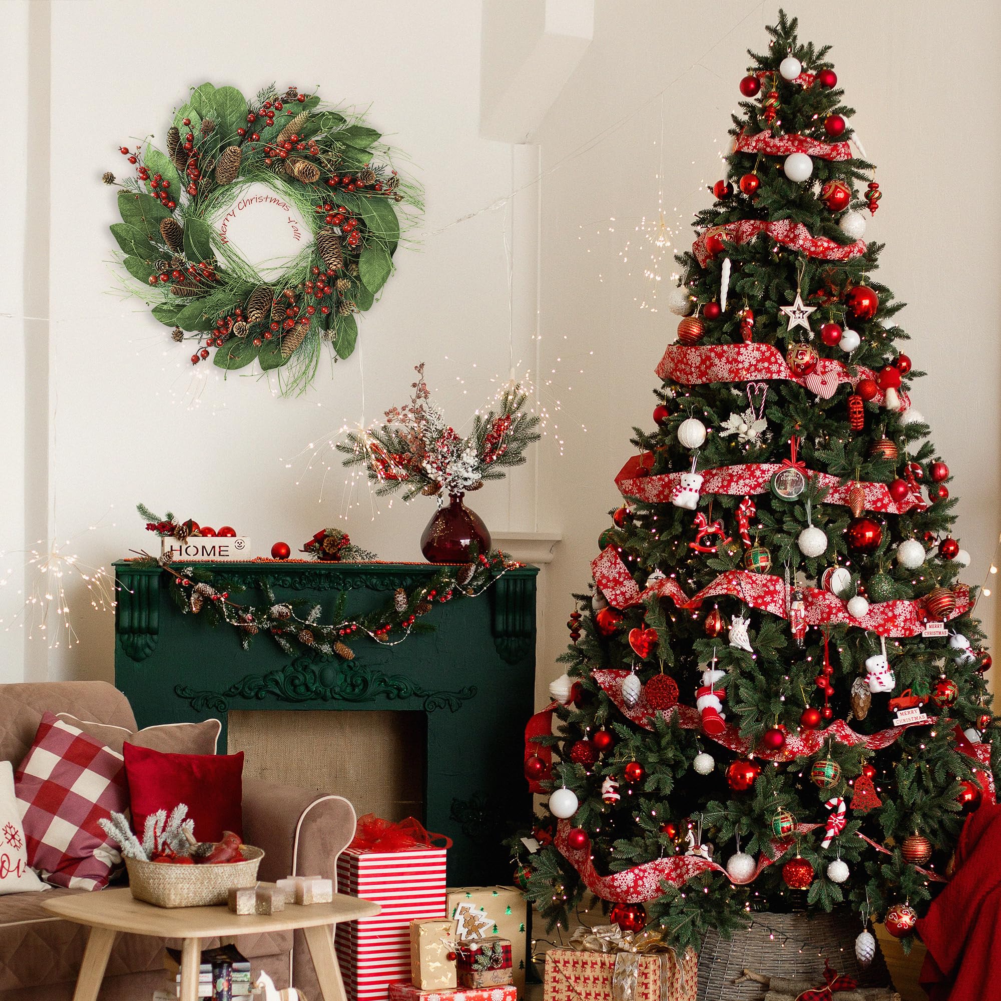 SHACOS Couronne De Noël En Pin Avec Baies Rouges, Pommes De Pin
