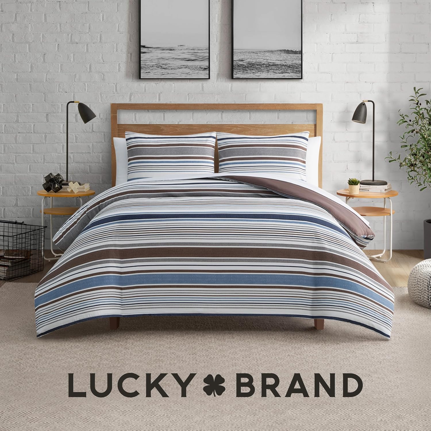 Lucky Brand Monterey Stripe Duvet Cover Set - Full/Queen Size - 3 Piece Bedding Ensemble