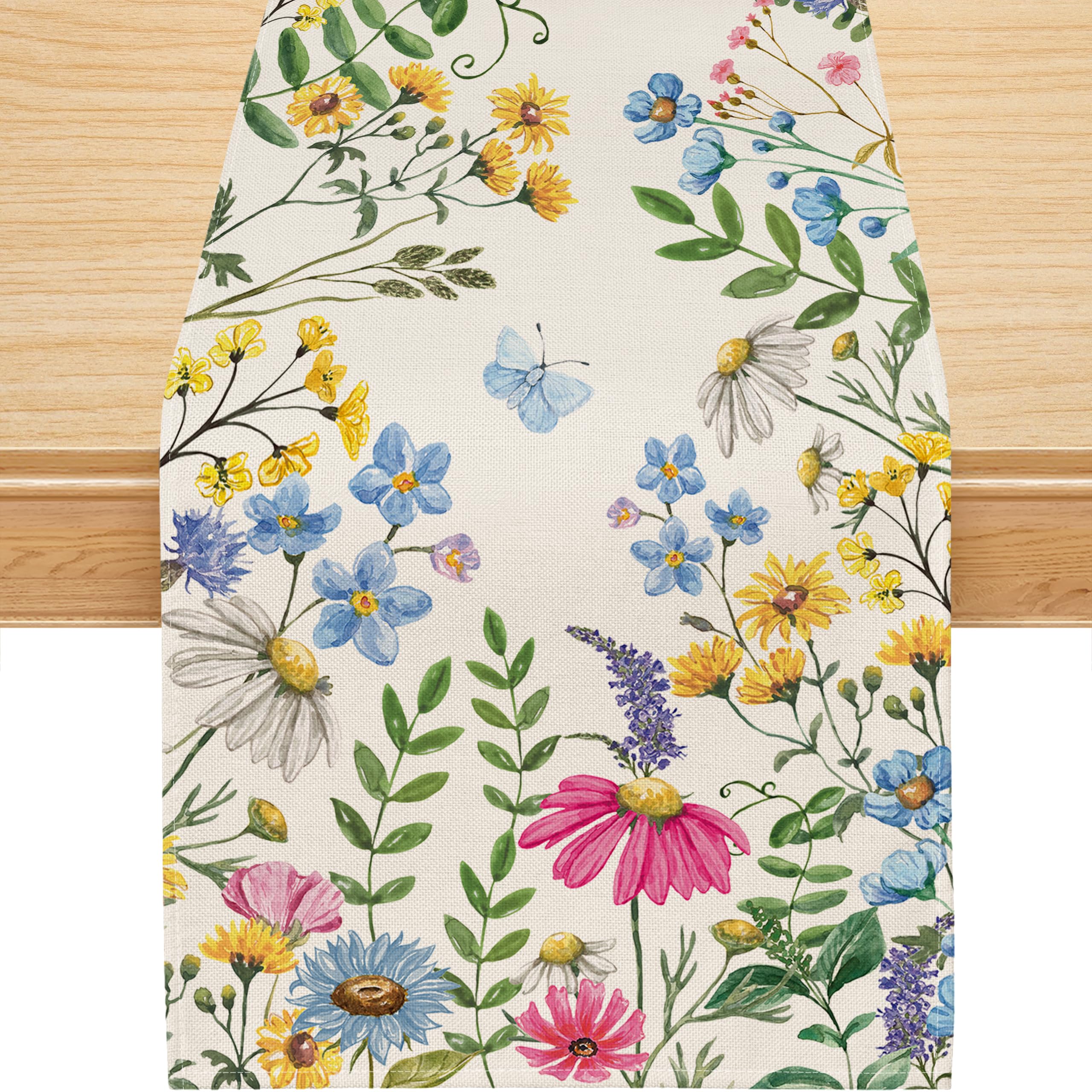 Spring Table Runner, Colorful Wildflowers Floral Butterfly Spring Runner for Table Watercolor Table Decoration Seasonal Summer Farmhouse Home Party