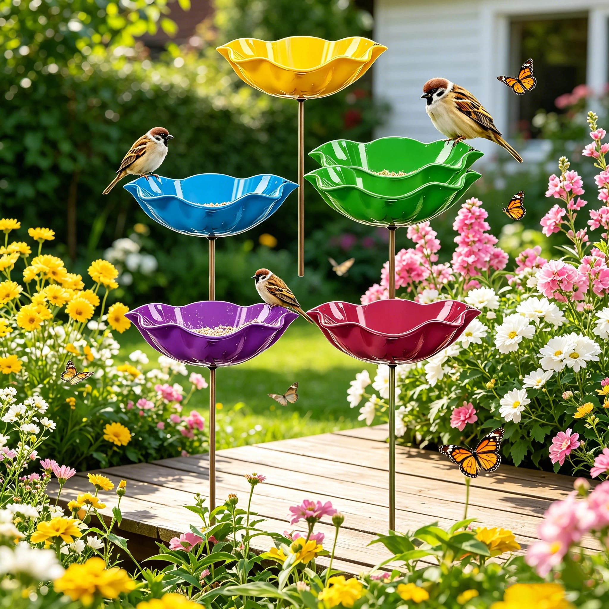 Flower Bird Feeder Garden Stake - Decorative Bird Feeder Bowl with Stable Stake, Waterproof Rustproof Bird Food Station, Handmade Flower-Shaped Bird Feeder for Outdoor Lawn Yard Decor (Purple, 2Pcs)