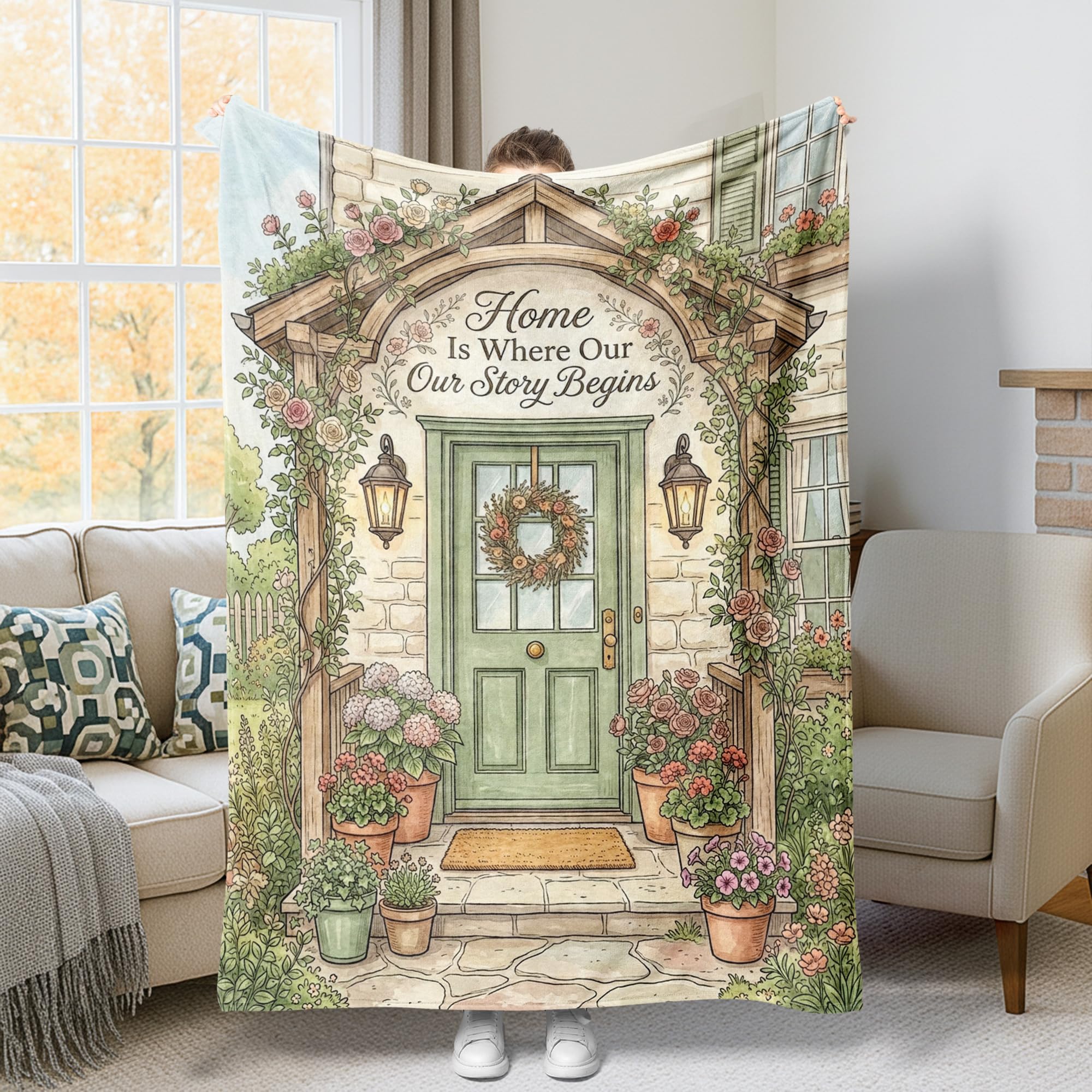Couronnes de fleurs rustiques sur ce grand plaid douillet idéal pour vos soirées canapé