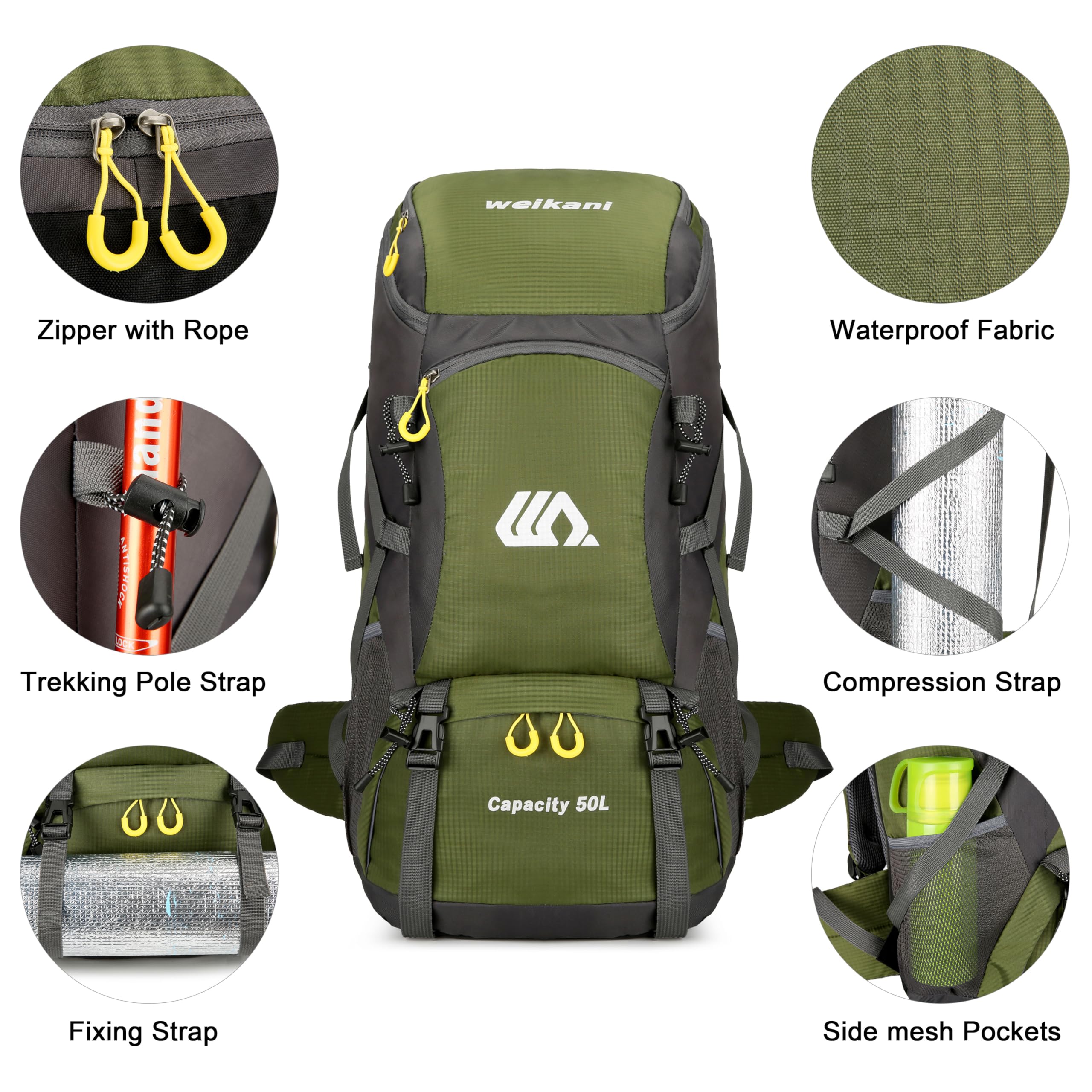 Zaino da trekking da 50 l, impermeabile, borsa multifunzione con copertura antipioggia, zaino di grande capacità, per uomo e donna, alpinismo, arrampicata, viaggi,