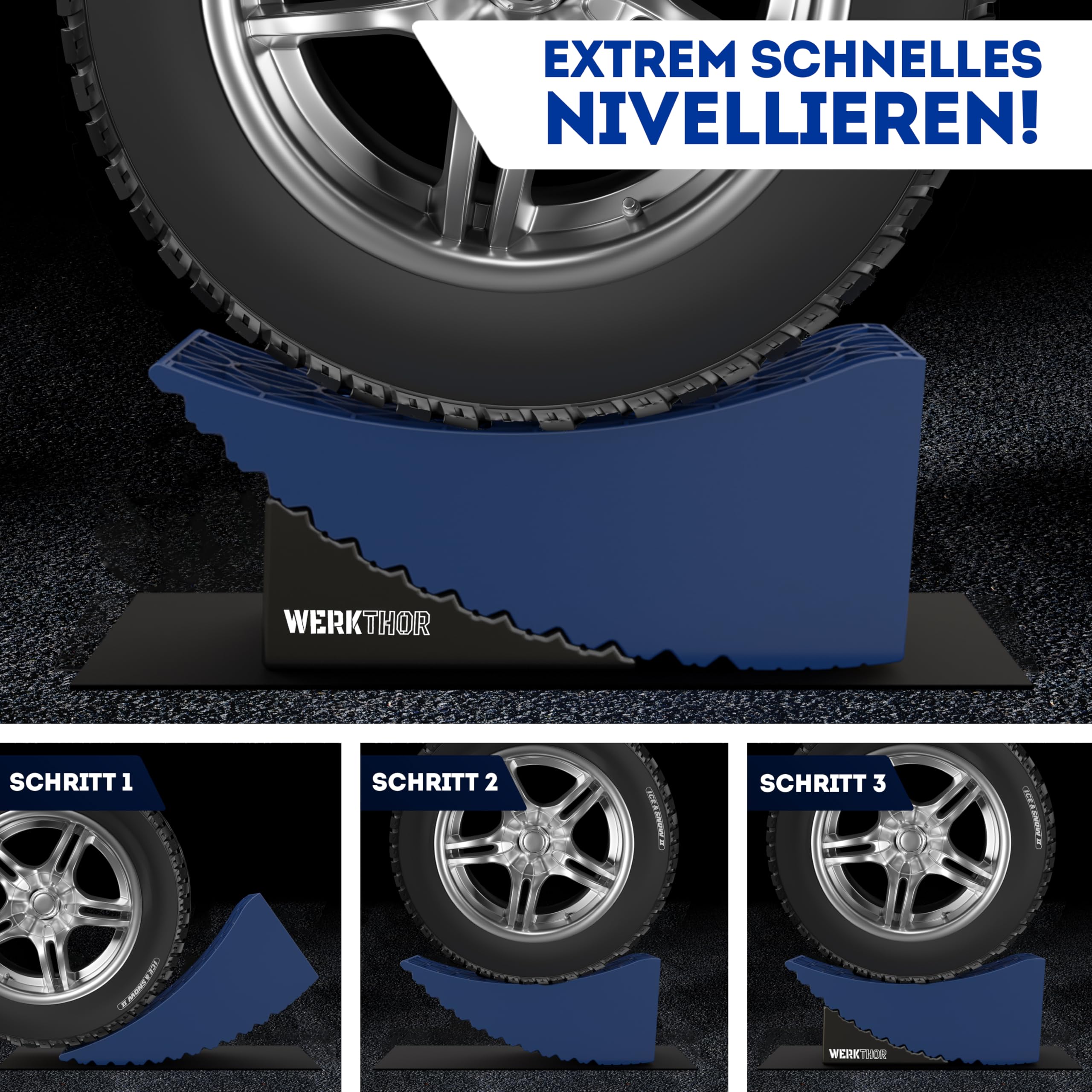 WERKTHOR Auffahrkeile – [2er Set] bewährte Auffahrkeile für Wohnmobil, Wohnwagen & Anhänger | kinderleichtes & Stufenfreies Nivellieren [<13,5t] (Blau XXL)