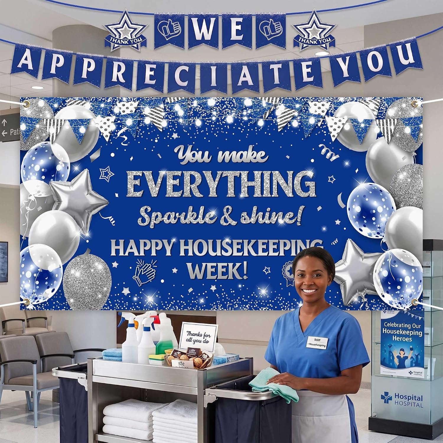 Ticuenicoa Happy Housekeeping Week Decorations Blue Silver Kit