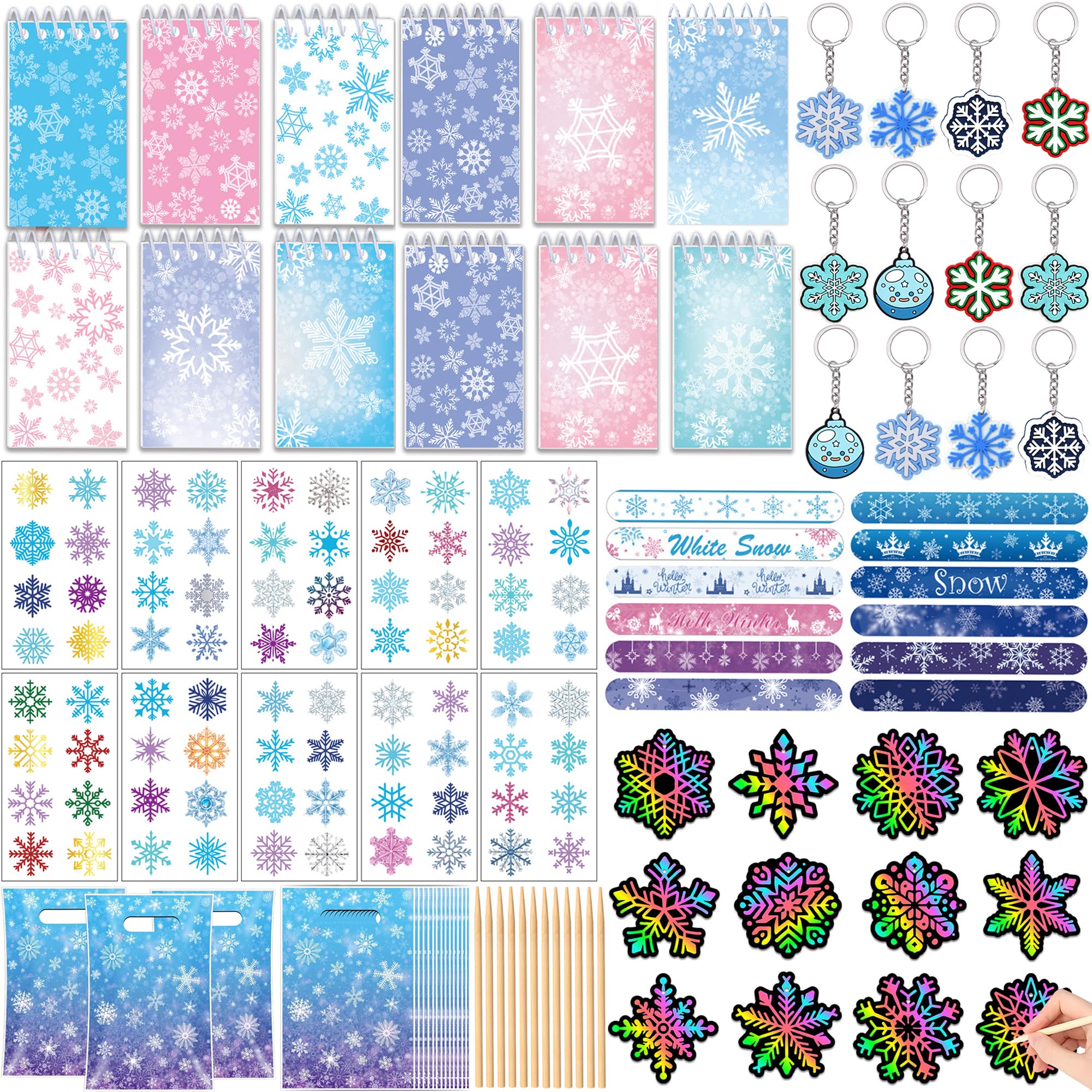 Snowflakes Party Gift Set with Mini Notebooks Bracele Key Chains DIY Scratch Paper Stickers Temporary Tattoos and Goodie Bag for 12 Guests Frozen Themed Birthday Party Supplies Decorations