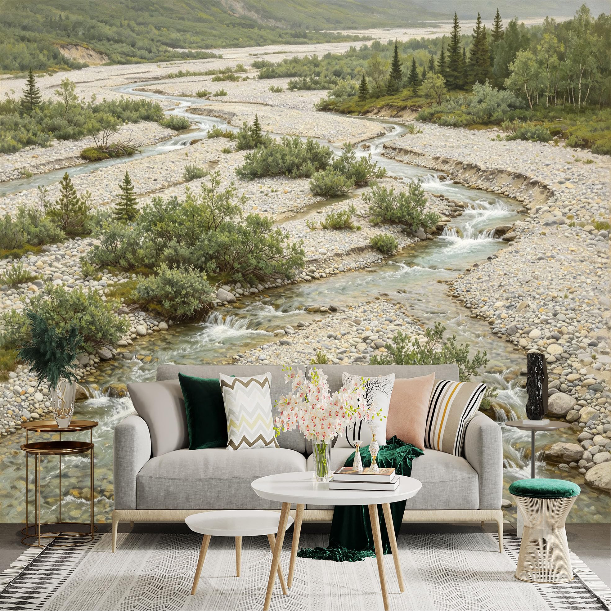 Lnzczhyre Dbh260521384 Custom Size Wall Sticker Mural， Serene Mountain Stream， Rocky Riverbed With Green Bushes， Nature Landscape Scenery， For Wall Decoration， Peelandstick Wall Decals.
