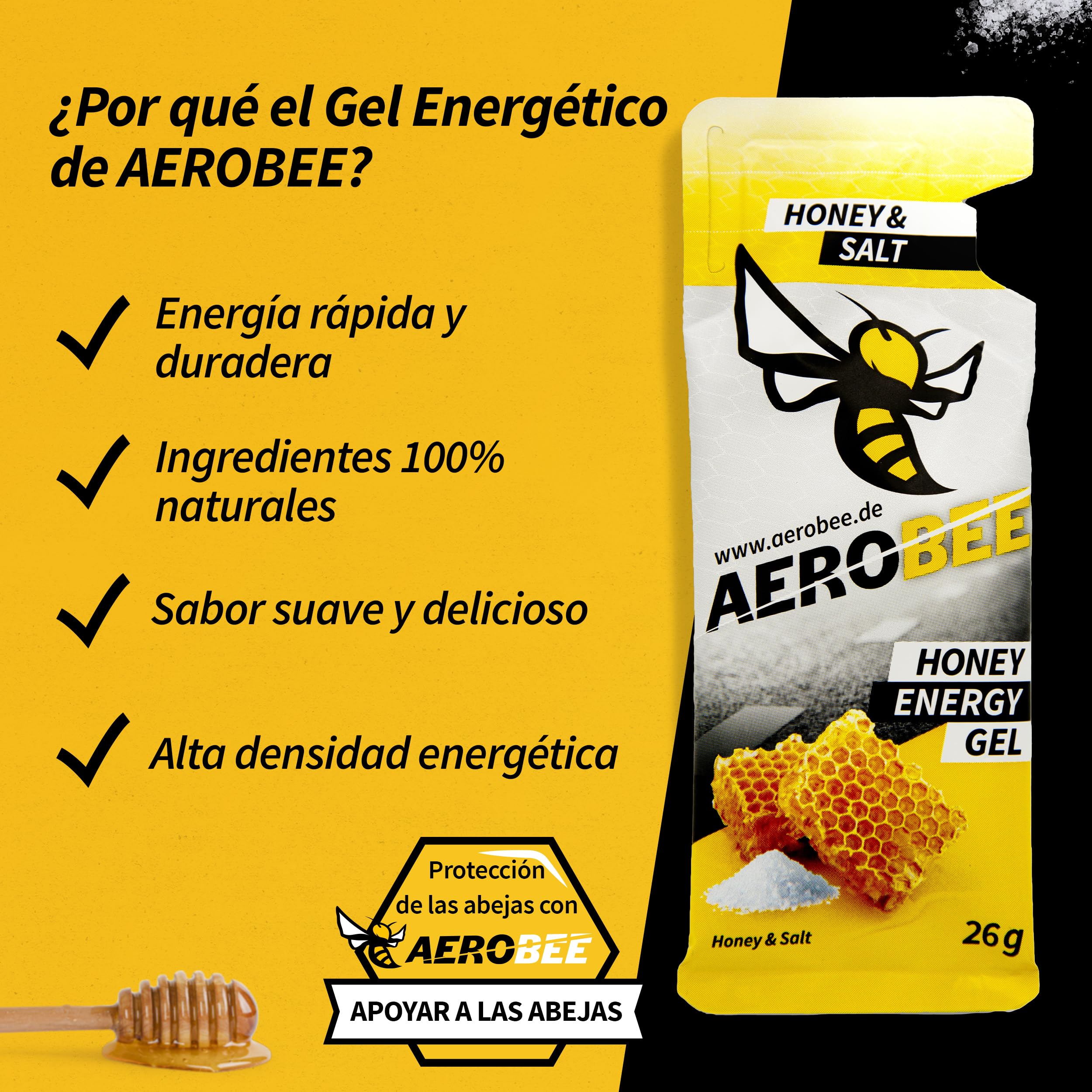 AEROBEE Energy Gel Classic - Sabor a Miel y Sal 10x26g [Energético 100% natural de miel] Gel deportivo para ciclismo, running, maratón, y deportes de resistencia. Suplementos deportivos