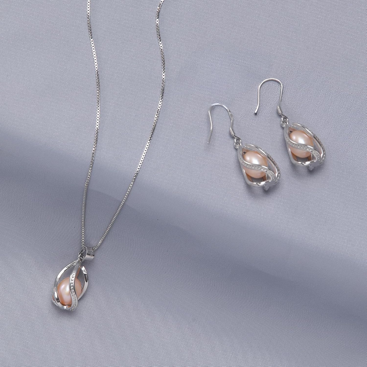 Pearl Jewelry Set For Women S925 Sterling Silver/14K Gold Plated Necklace & Earrings Set Freshwater Pearl Pendant Cage Set for Wedding Anniversary Prom Birthday Gift - Image 6