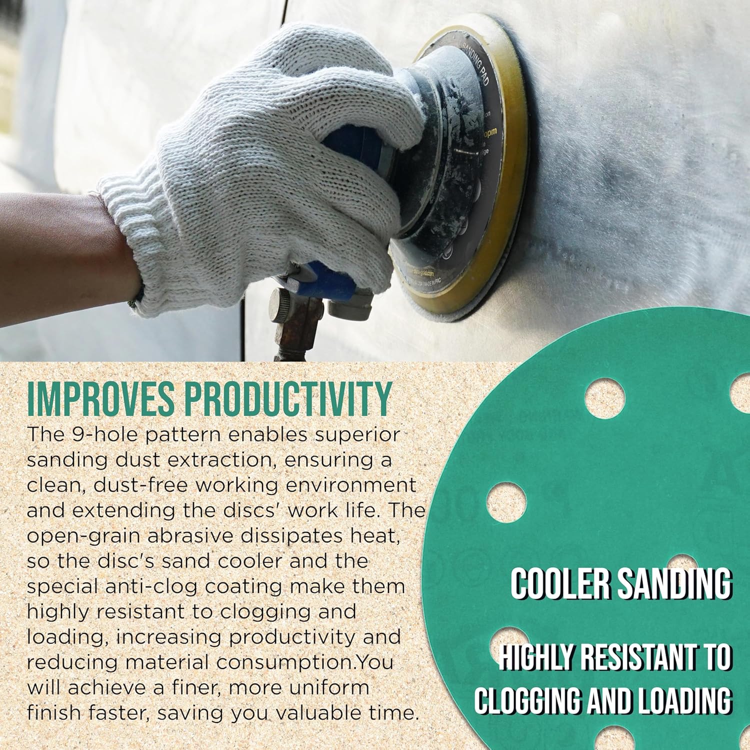 Dura-Gold Premium 1000 Grit 5" Green Film Sanding Discs, 9-Hole Pattern, Box of 50 - Heavy-Duty Dustless Hook & Loop Backing Sandpaper for DA & Random Orbital Sander, Detail Color Sand Auto Paint Wood
