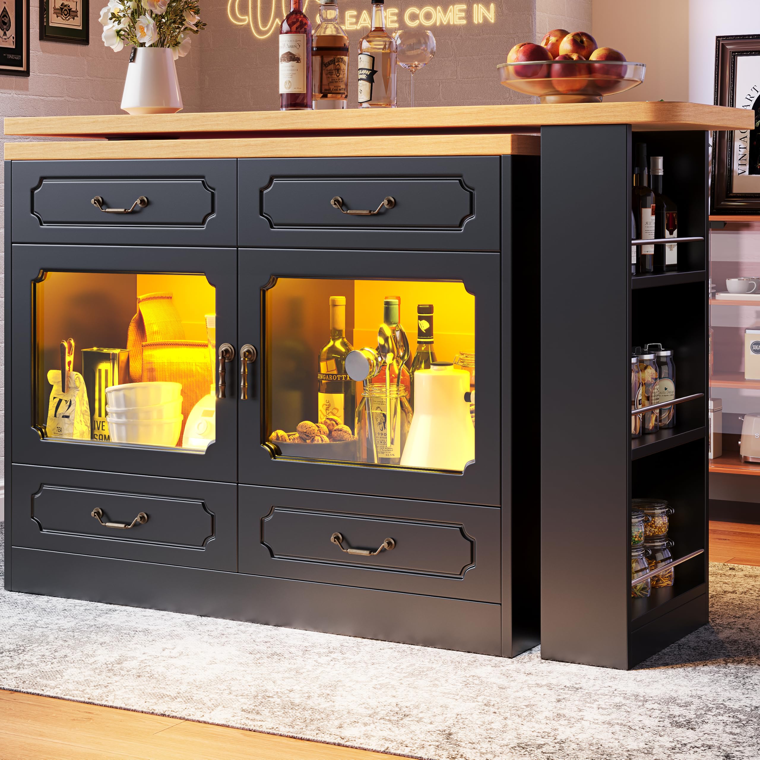 Mesa de bar extensible 135-203 x 39 x 92,8 cm con espacio de almacenamiento, giratoria 360°, comestible, adecuada para dormitorio, salón, comedor, mesa de bar telescópica con LED, mesa alta