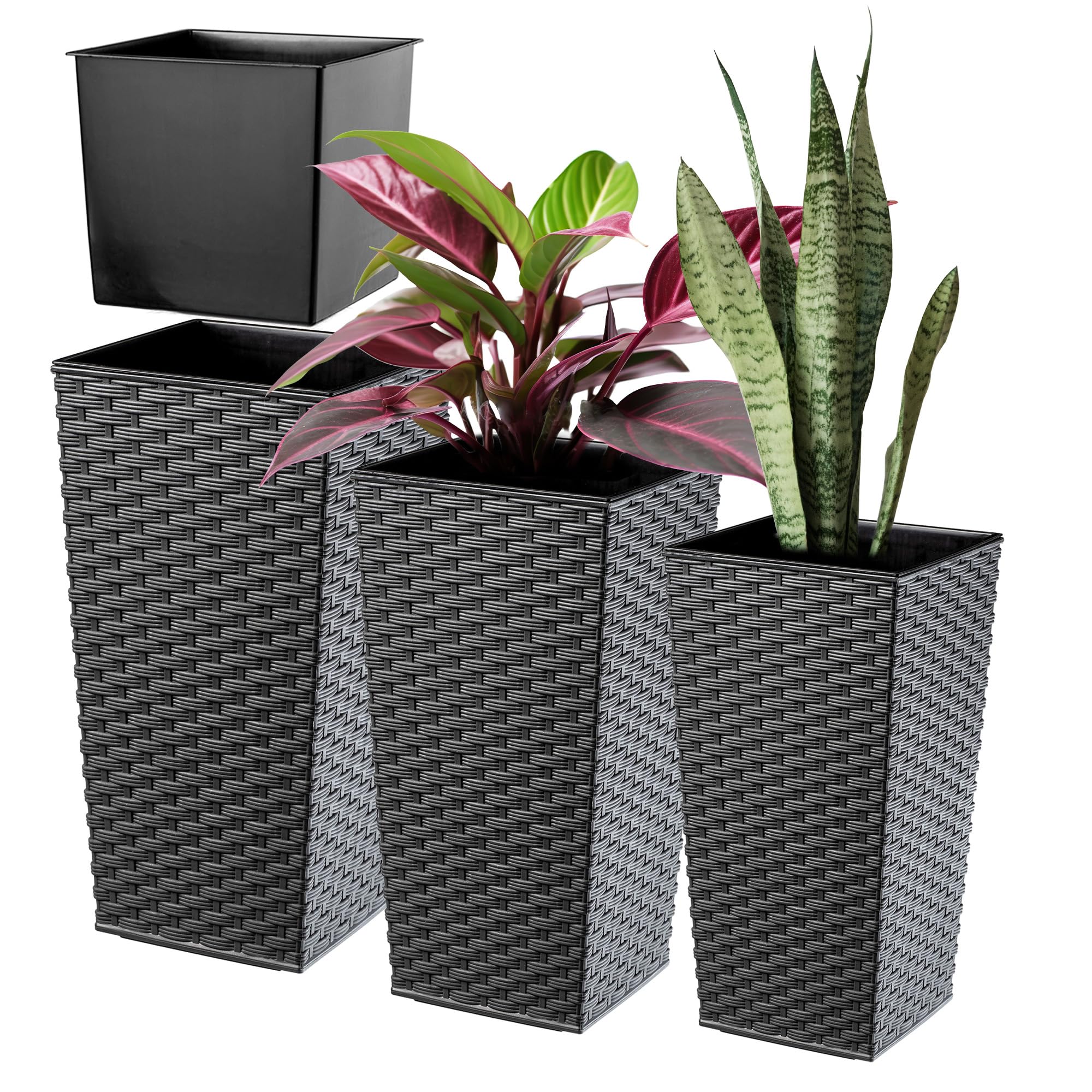 KADAX Lot de 3 Set de 3 Pots de Fleurs Hauts – H 57/68/75 cm – Rotin Graphite – intérieur/extérieur – pour Balcon, Jardin ou Salon