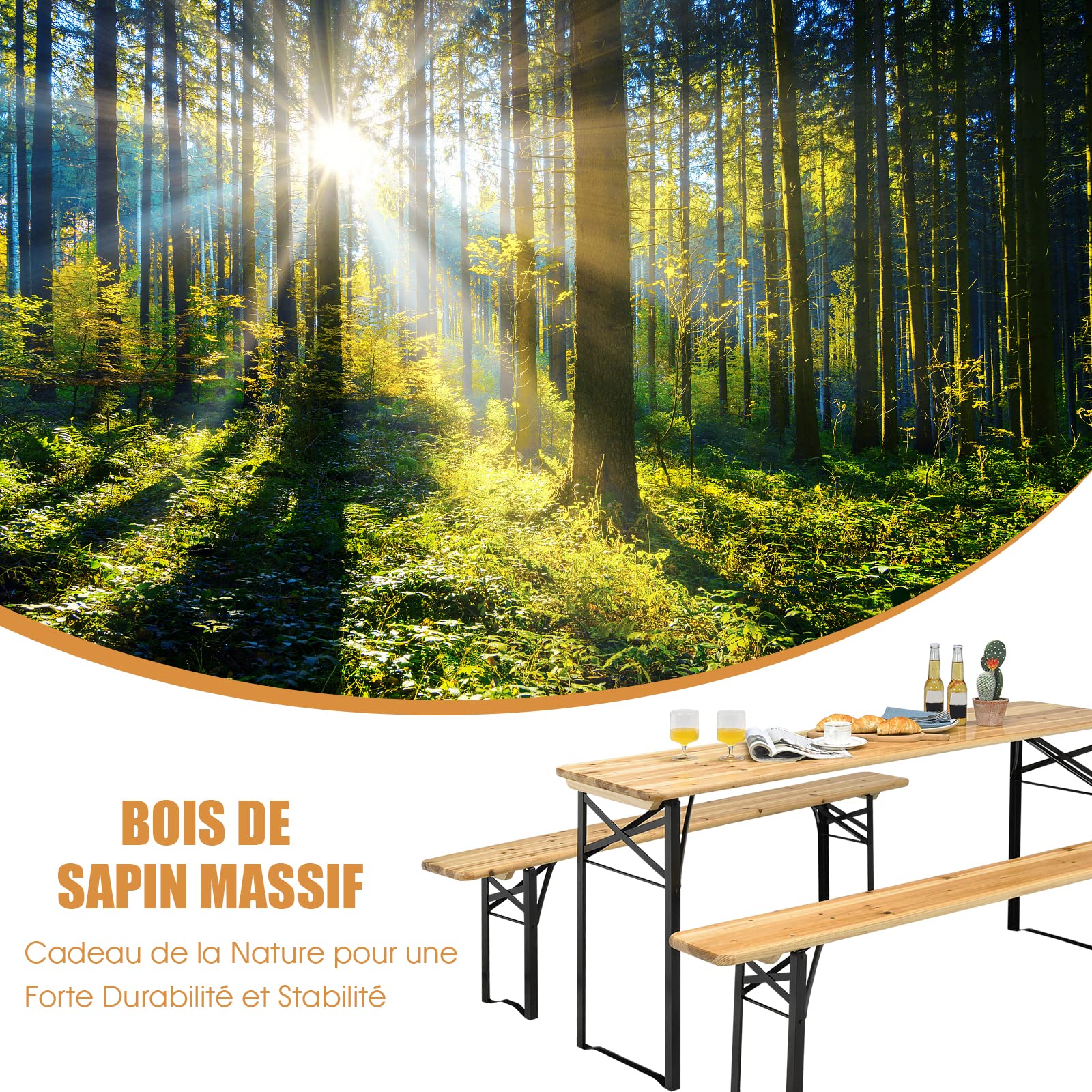 COSTWAY Ensemble Table Pliante et Bancs de Pique-Nique 180CM en Bois