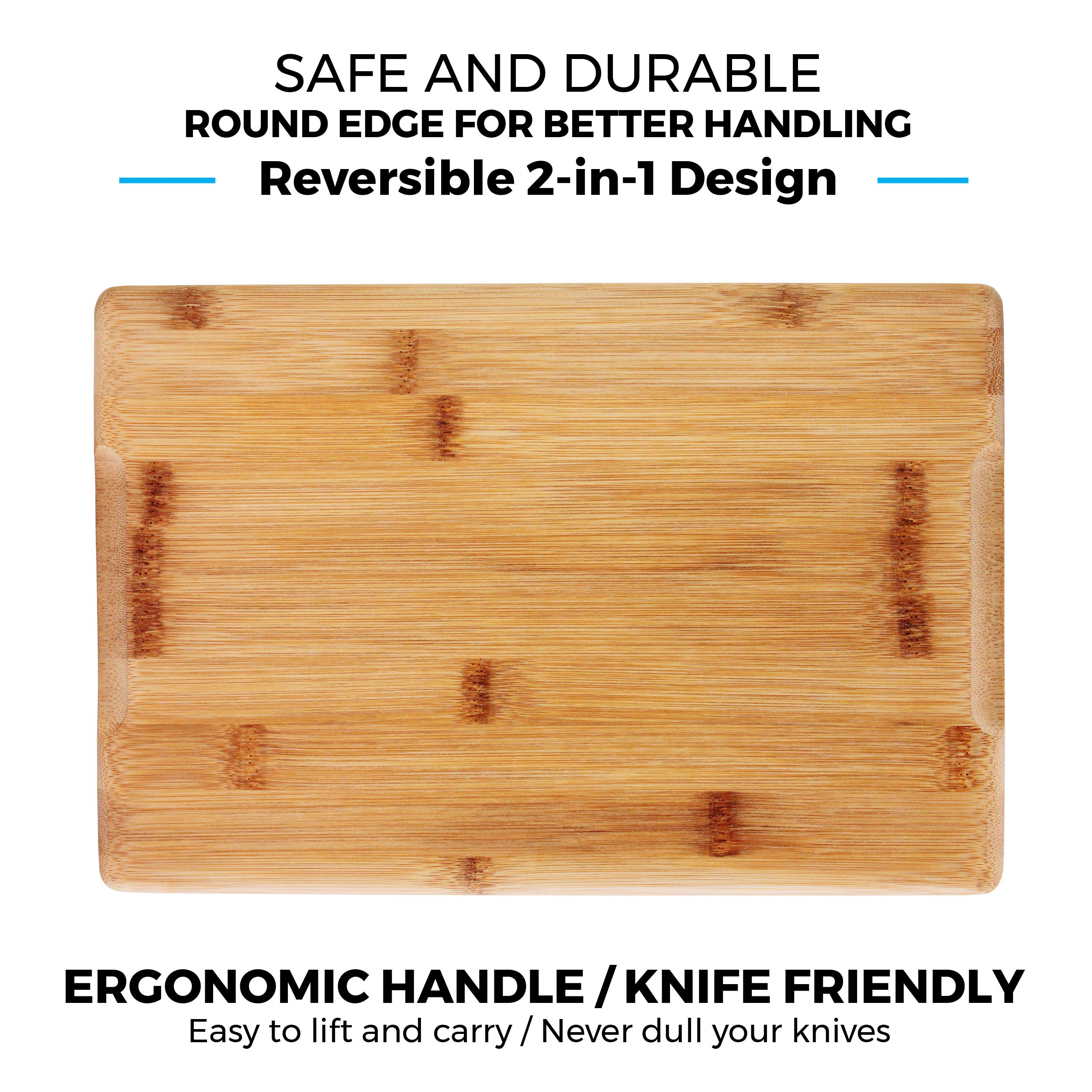 Tablas de cortar de bambú para cocina con ranura para jugos [juego de 2] Tabla de cortar de madera para cortar carne, verduras, frutas, queso, bandeja de servir apta para cuchillos con asas