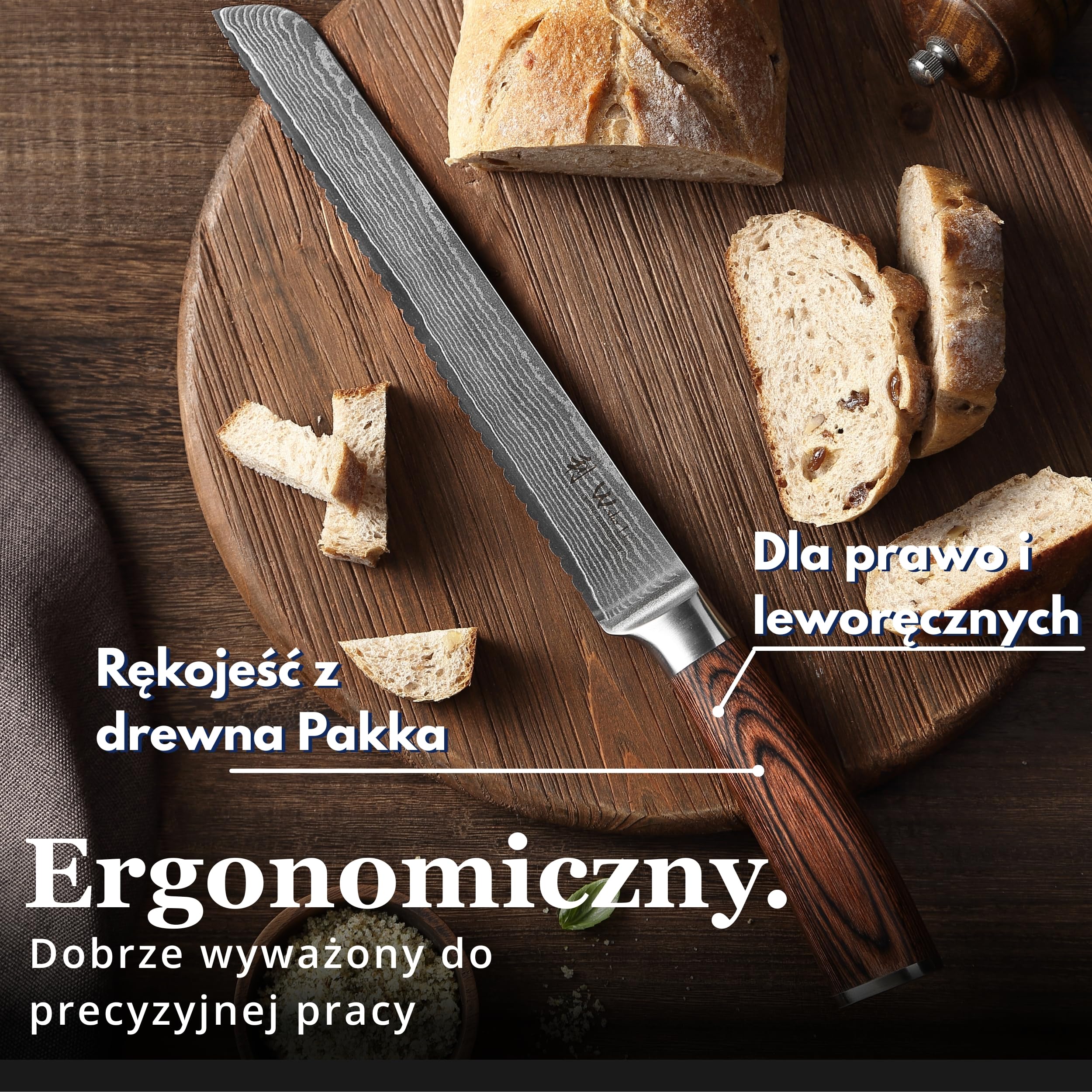 Wakoli EDIB nóż do chleba z ząbkowanym ostrzem ze stali damasceńskiej z rdzeniem VG10, ostrze 20 cm, ergonomiczna rękojeść z drewna Pakka, w pudełku prezentowym, do pieczywa i chrupiącej skórki