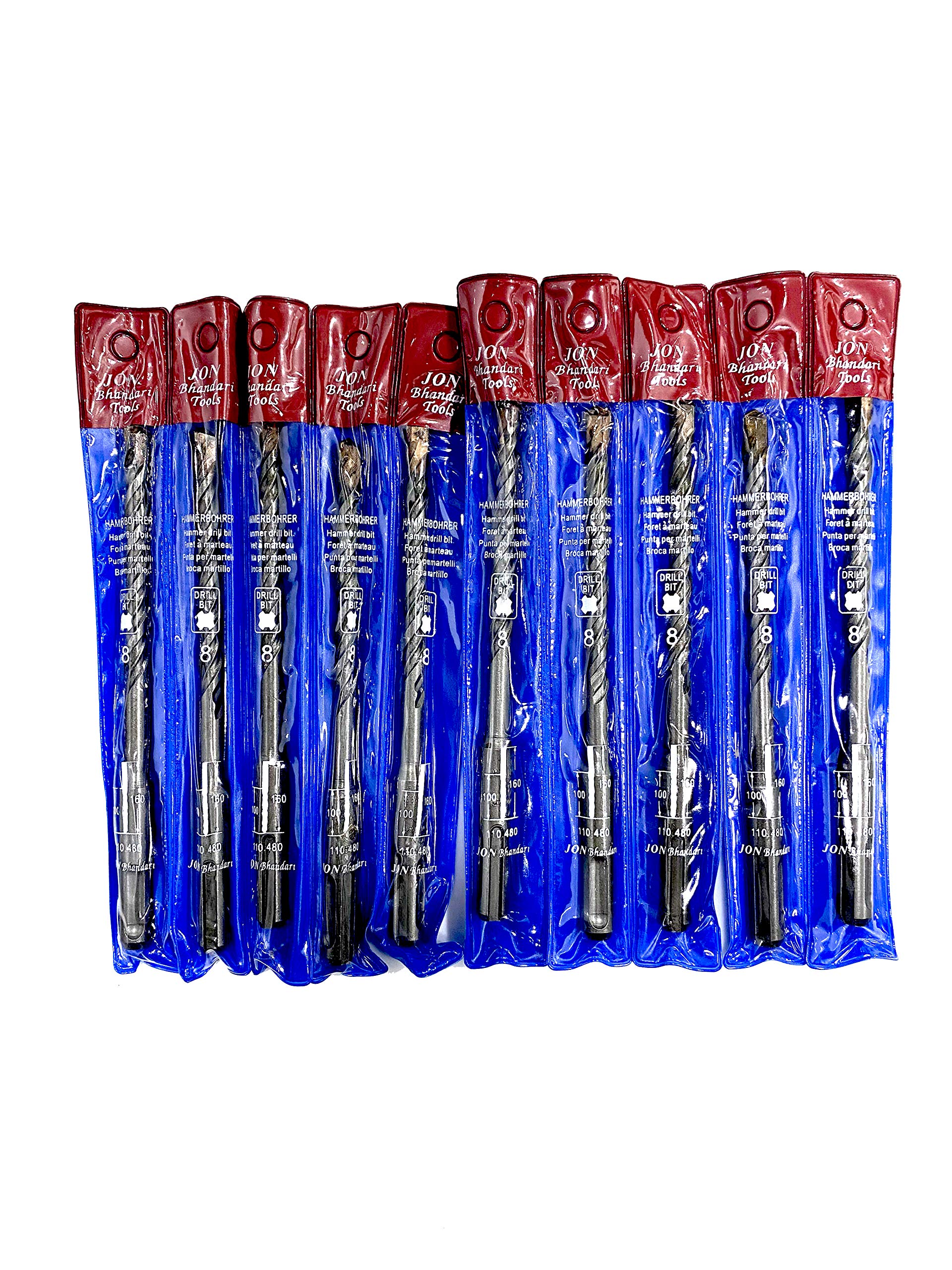Jon Bhandari Tools 8mm x 160mm SDS Rotary Hammer Drill Bit Set – Heavy Duty Carbide Tipped Concrete & Masonry Drill Bits for Brick, Cement, Stone, Wall – Pack of 10
