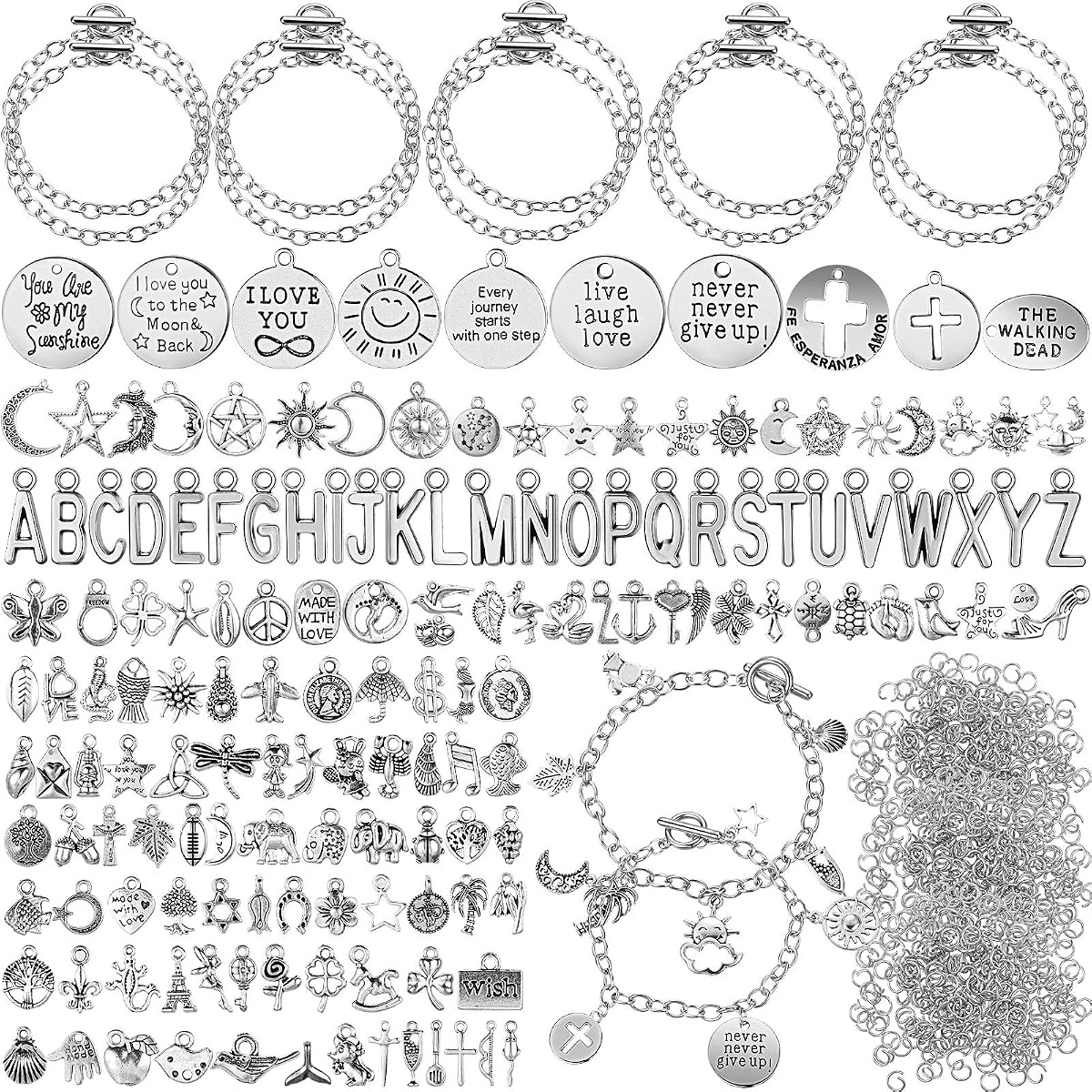 Highergo 469 Pcs Bracelet Making Kit, Chain, Charms, Jump Rings | 10 Chain Bracelets, 159 Moon Star Tibetan Silver Charms, 300 Open Jump Rings, OT Toggle Clasp Included
