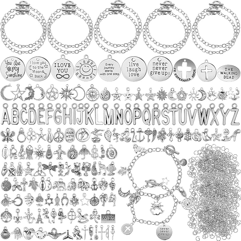 Highergo 469 Pcs Bracelet Making Kit, Chain, Charms, Jump Rings | 10 Chain Bracelets, 159 Moon Star Tibetan Silver Charms, 300 Open Jump Rings, OT Toggle Clasp Included