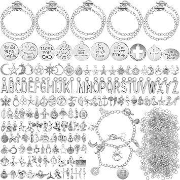 Highergo 469 Pcs Silver Charm Bracelet Making Kit DIY Bangles Bracelet Set Paperclip Chain Bracelets Alphabet Charms Jewelry Making Supplies with OT Toggle Clasp for Crafting