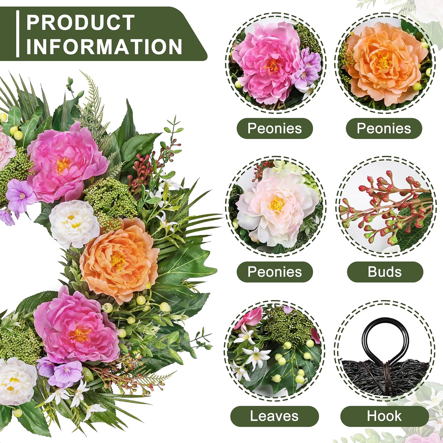 24 Inch Spring Wreaths for Front Door: Realistic Silk Peonies & Hydrangeas with Berry Greenery, Faux Flower Wreath for All Seasons, Indoor Outdoor Decor for Porch, Wall, Wedding, Farmhouse, Home
