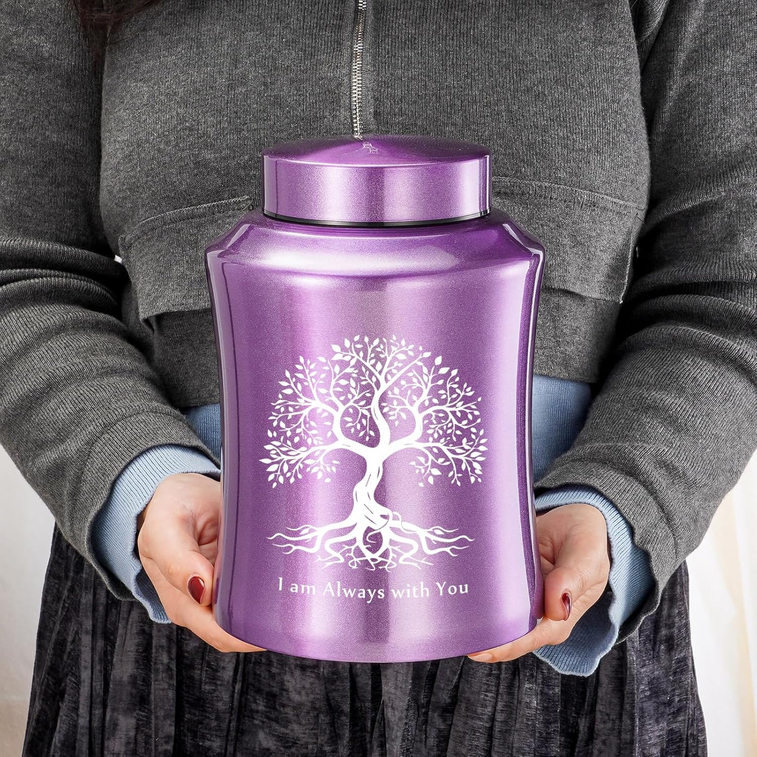 SOITIS Purple Stainless Steel Urn for Ashes - 8.27 Inches Decorative Cremation Urn with Engraved Memorial Design, Adult Keepsake with Velvet Bag, Sympathy Gift for Loved Ones