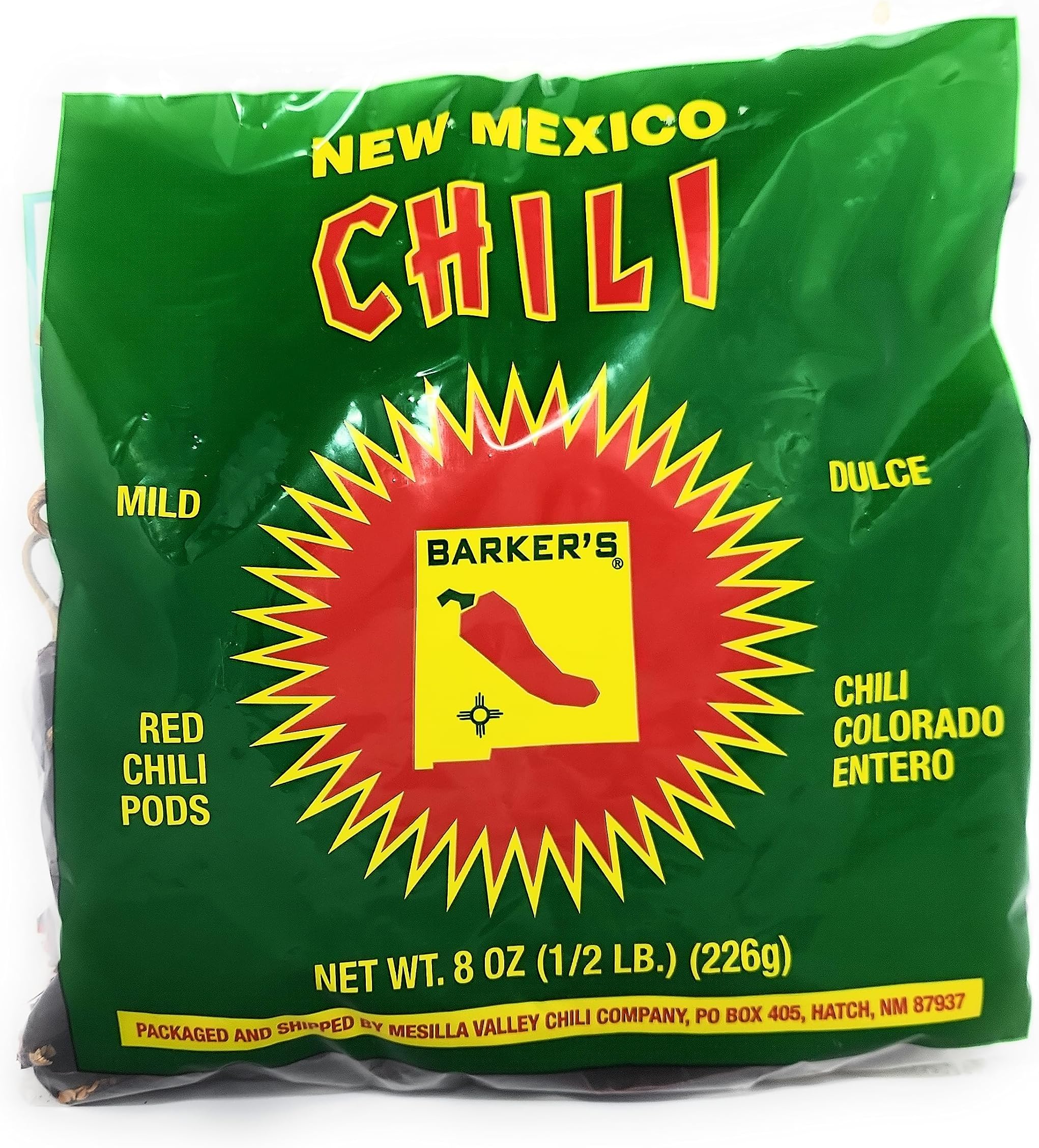 Barker's Dried Red Chili Pods, 8 Ounces - Mild - Grown in World Famous Chili Region Hatch, NM - No Preservatives, USA Product!