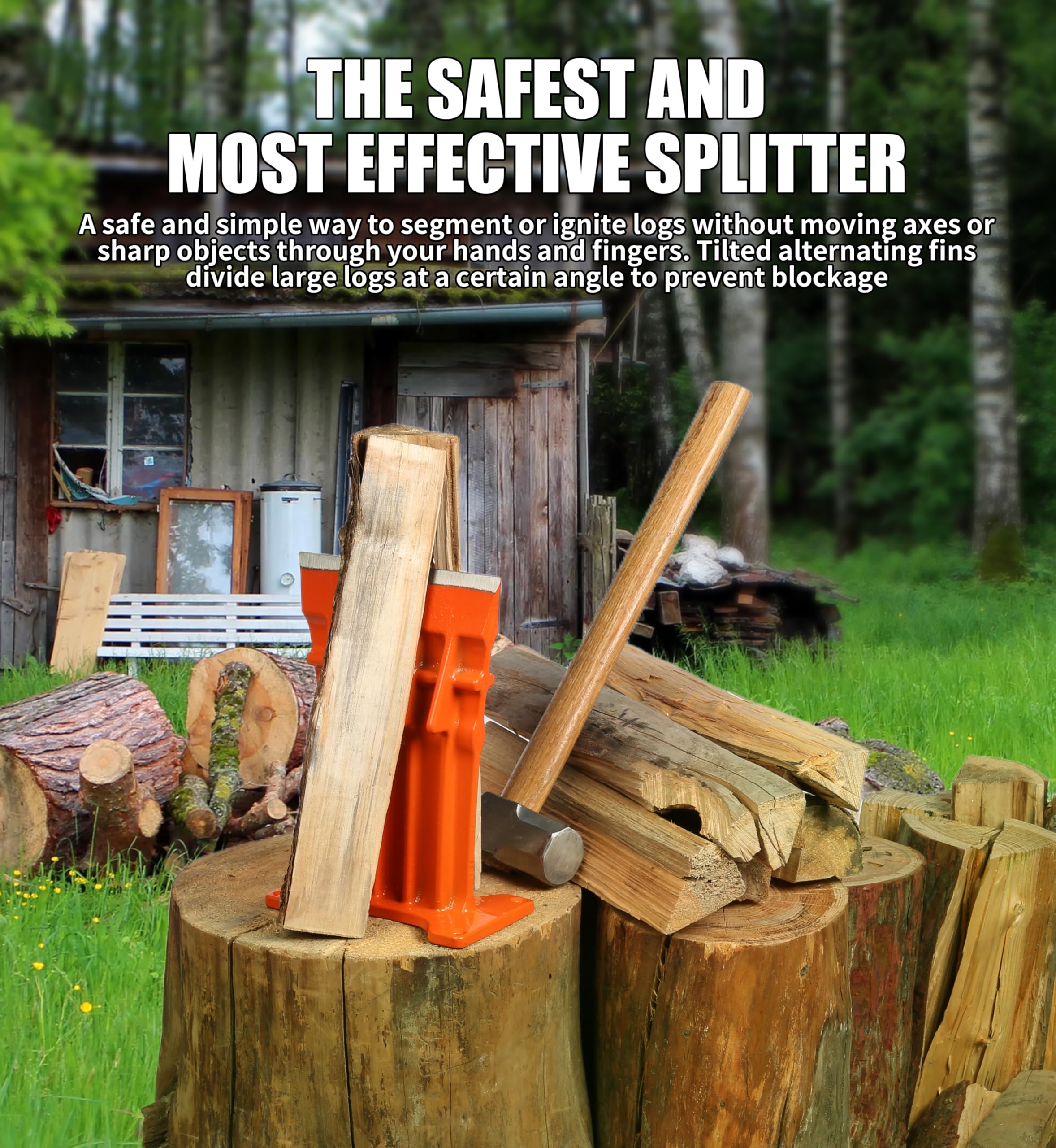 SPEED FORCE Kaminholz Anzündholz Holzspalter - Keine Axt! Keilspitze Spalten Brennholz 15.2 cm orange mit Sicherheitsabdeckung