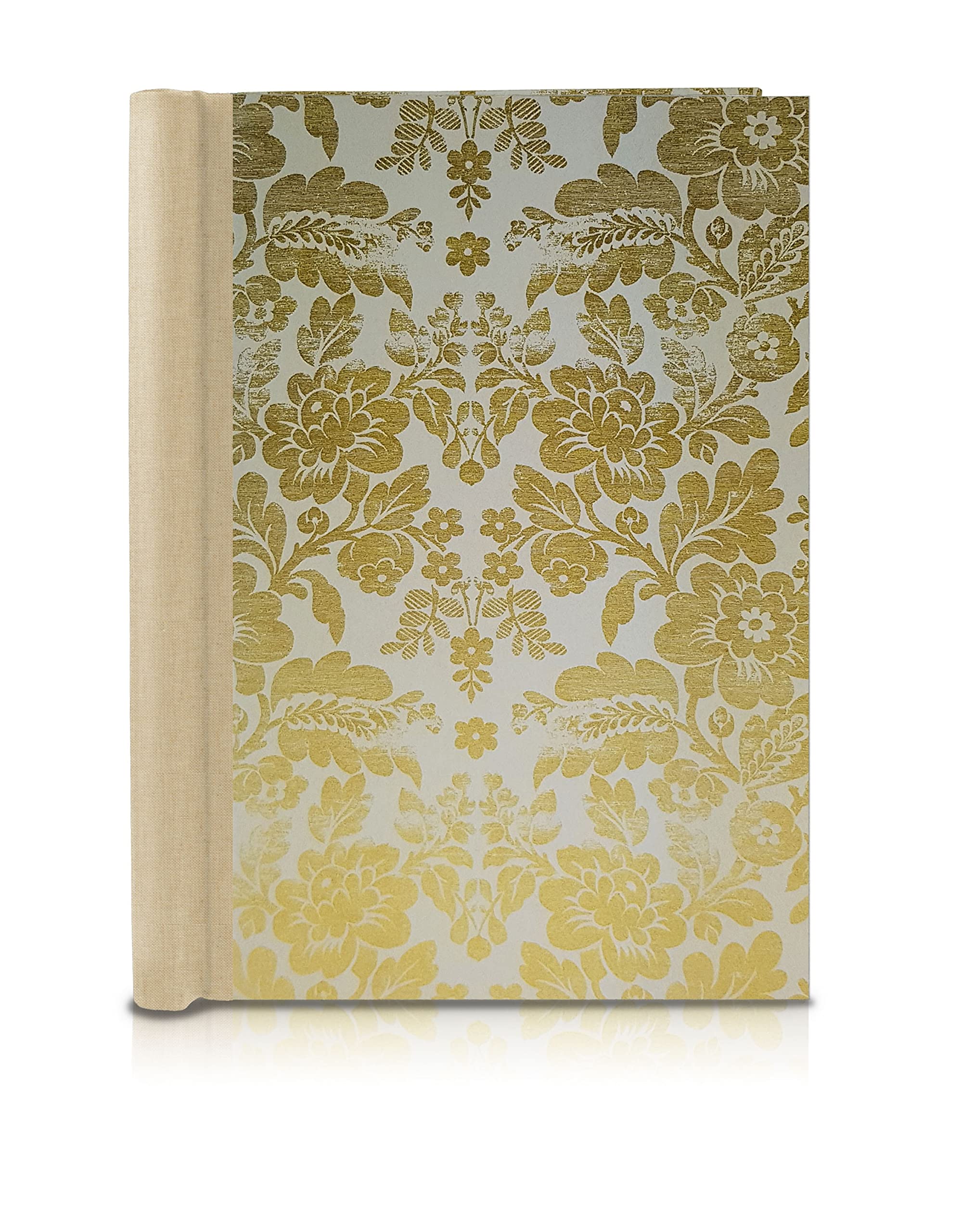 Klemmbinder Luxury Brokat Naturleinen, A4, Gold- und floralem Motiv, 22.5 x 30.8 cm, 3mm starke Buchbinderpappe, italienisches Dekorpapier, Naturleinenrücken