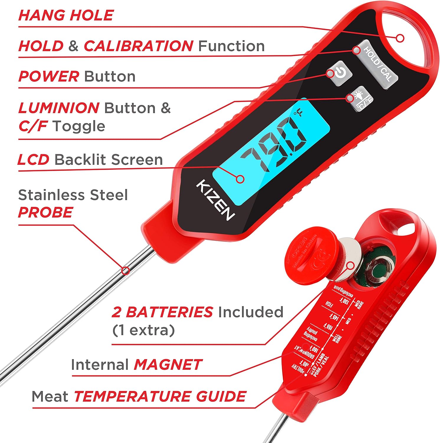 Kizen IP109 Waterproof Meat Thermometer with Long Probe Digital Instant Read Food Thermometer for Grilling Smoker BBQ Kitchen Cooking Candy Thermometer with Calibration (Red)