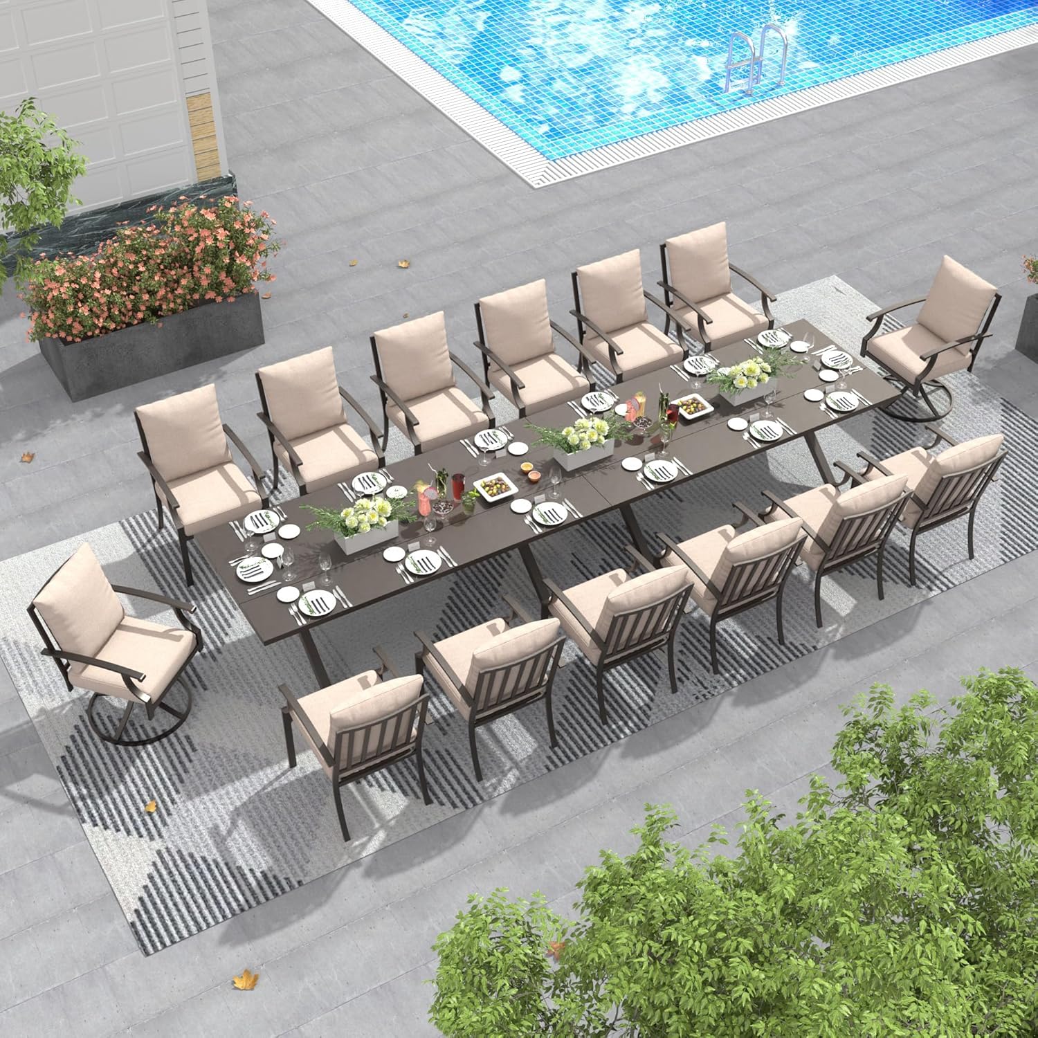 16 PCS Patio Table and Chairs Metal Outdoor Patio Furniture Set,Dining Table Set with Swivel Chairs for Deck,Backyard and Garden,Brown