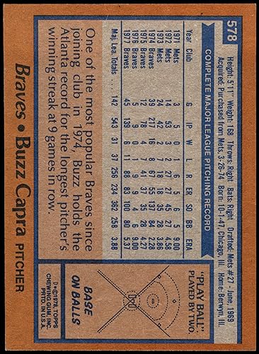 Miniatura 2 de 1978 Topps # 578 Buzz Capra Atlanta Braves (Baseball Card) EXMT Braves