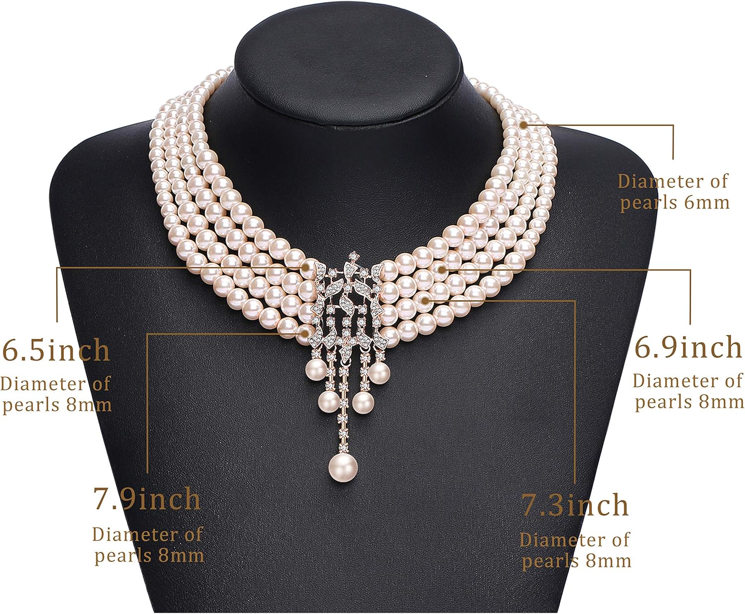 BABEYOND 1920s Gatsby Pearl Necklace Vintage Bridal Pearl Necklace Earrings Jewelry Set Multilayer Imitation Pearl Necklace with Brooch