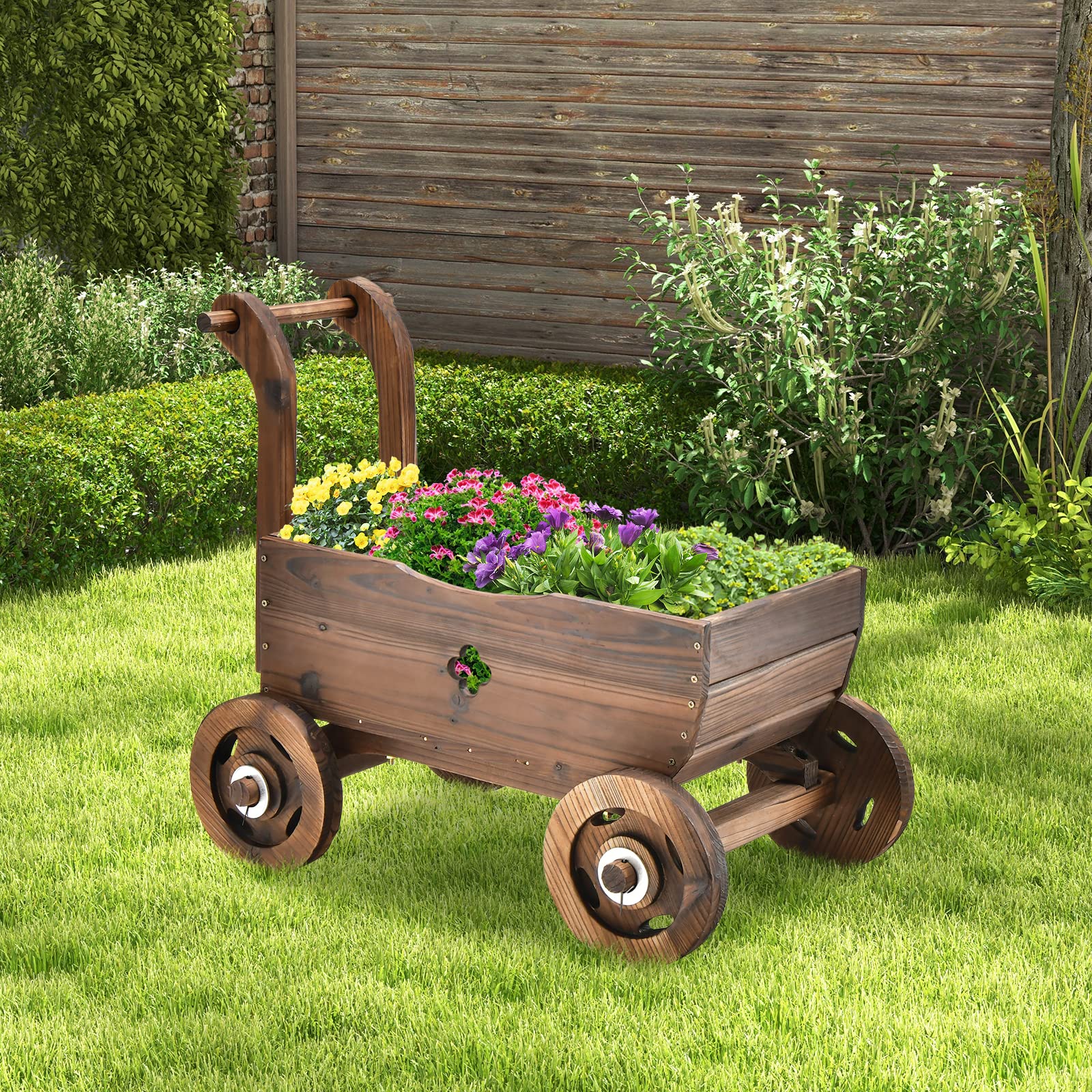 FANTASK Carro de Flores de Madera con Ruedas y asa, Carro de Plantas con Orificio de Drenaje, Carretilla rústica para jardín, terraza, Maceta, Carretilla, decoración de jardín, Jardinera